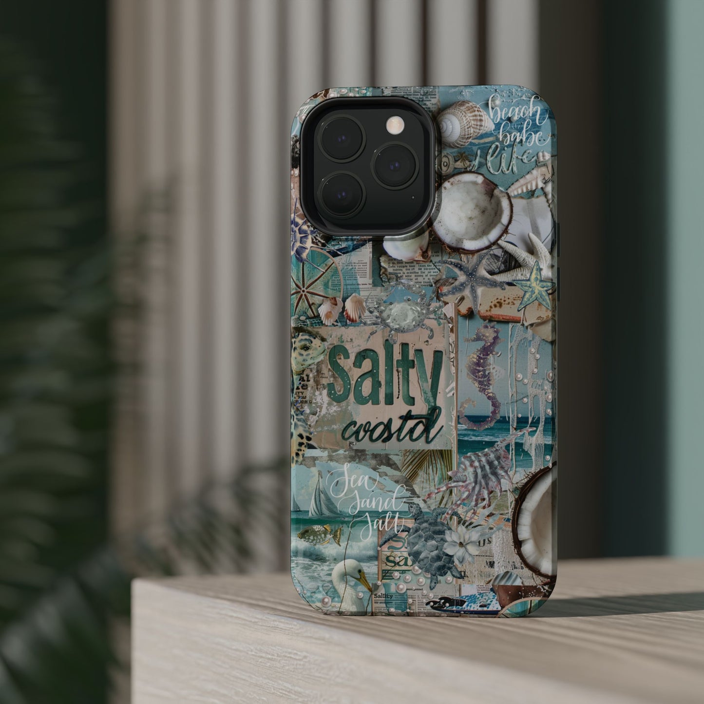 Salty Coastal beach house inspired iPhone 13 Pro Max glossy phone case mockup with turquoise ocean collage artwork, by Crossroads Dandelion
