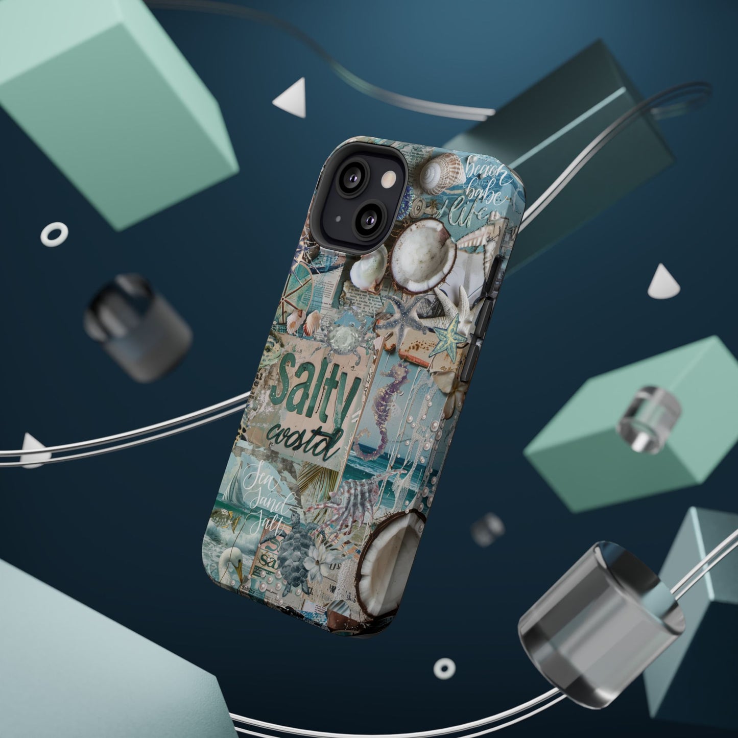 Salty Coastal beach shells iPhone 13 matte phone case mockup with turquoise coastal collage artwork in modern floating lifestyle scene, by Crossroads Dandelion
