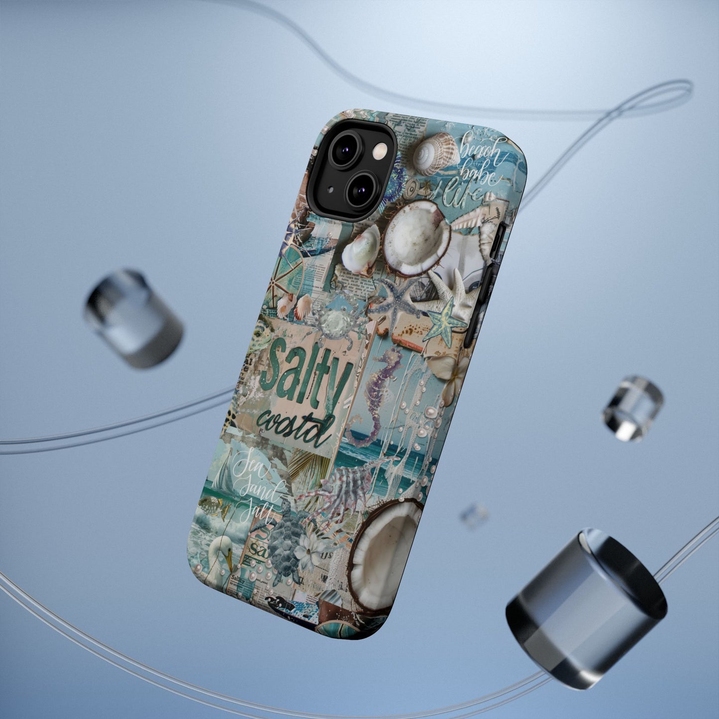 Salty Coastal nautical iPhone 14 Plus matte phone case floating mockup with seashell and turquoise beach collage artwork, by Crossroads Dandelion
