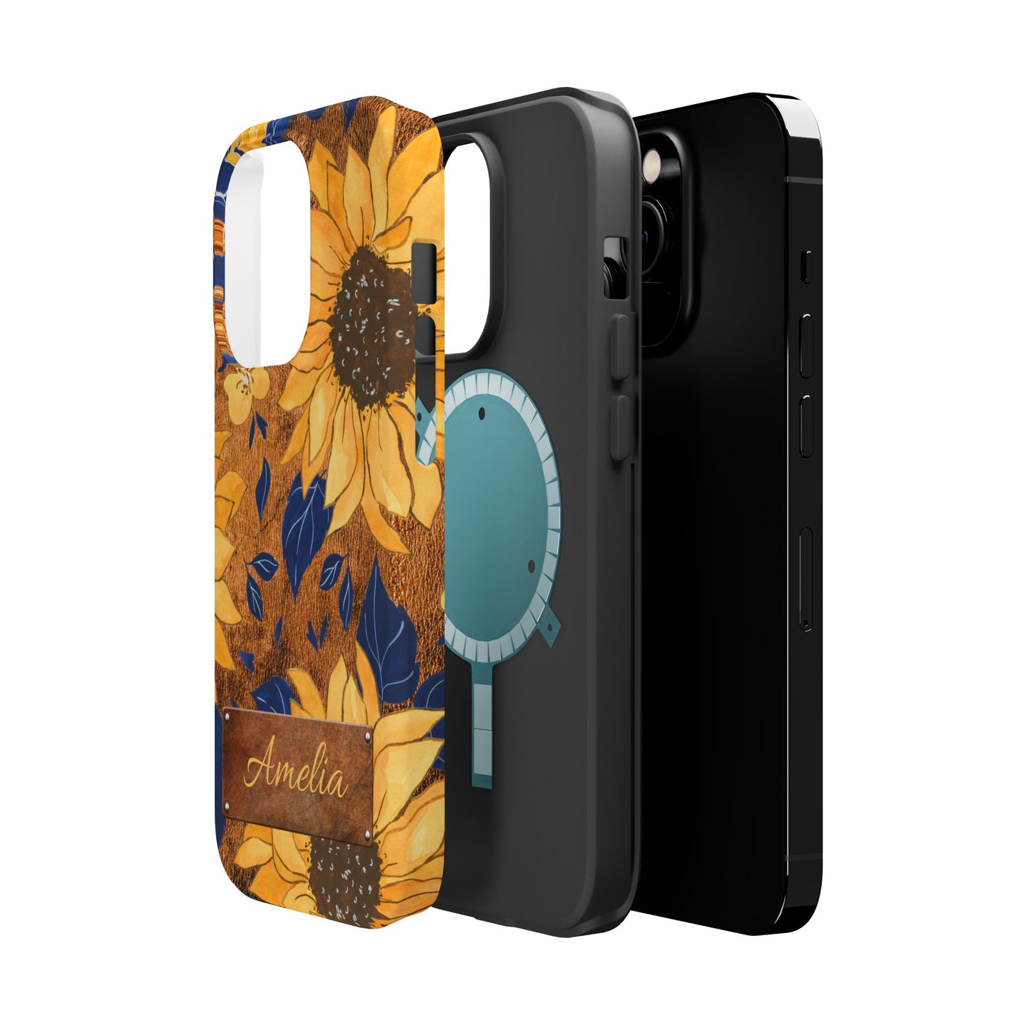 Custom name personalized sunflower western tough phone case for iPhone 14 Pro, featuring bold yellow sunflowers, navy blue leaves, rustic brown faux leather texture background, and a riveted metal name plate — perfect boho cowgirl gift, by Crossroads Dandelion