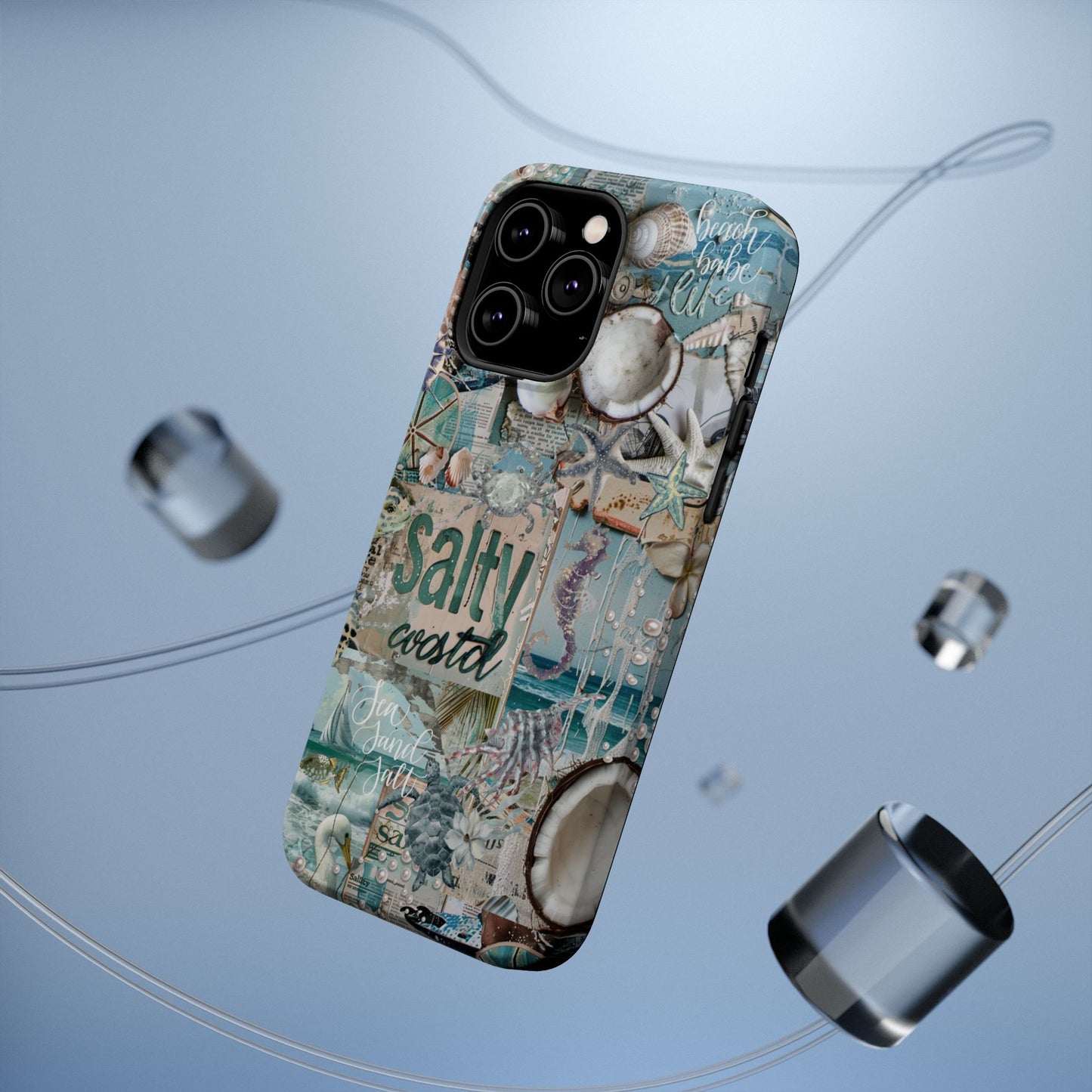 Salty Coastal seaside iPhone 14 Pro Max glossy phone case mockup with beach-themed collage design in modern floating scene, by Crossroads Dandelion
