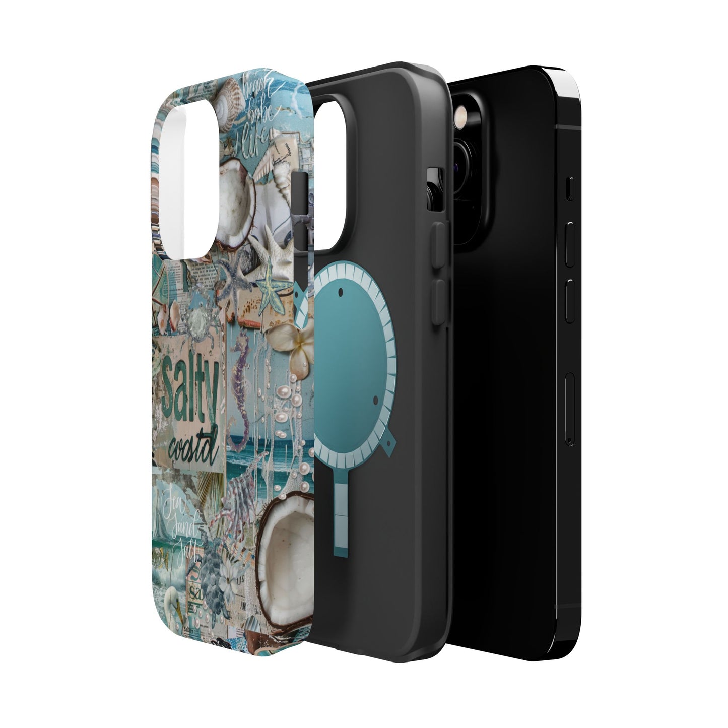 Salty Coastal iPhone 14 Pro matte MagSafe-style phone case layered mockup with nautical seashell artwork, by Crossroads Dandelion
