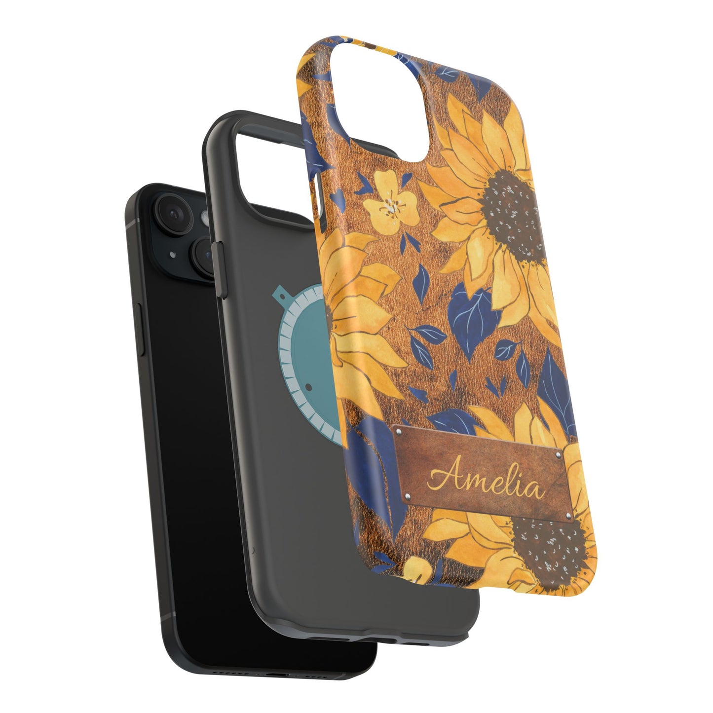 Custom name personalized sunflower western tough phone case for iPhone 15 Plus, featuring bold yellow sunflowers, navy blue leaves, rustic brown faux leather texture background, and a riveted metal name plate — perfect boho cowgirl gift, by Crossroads Dandelion