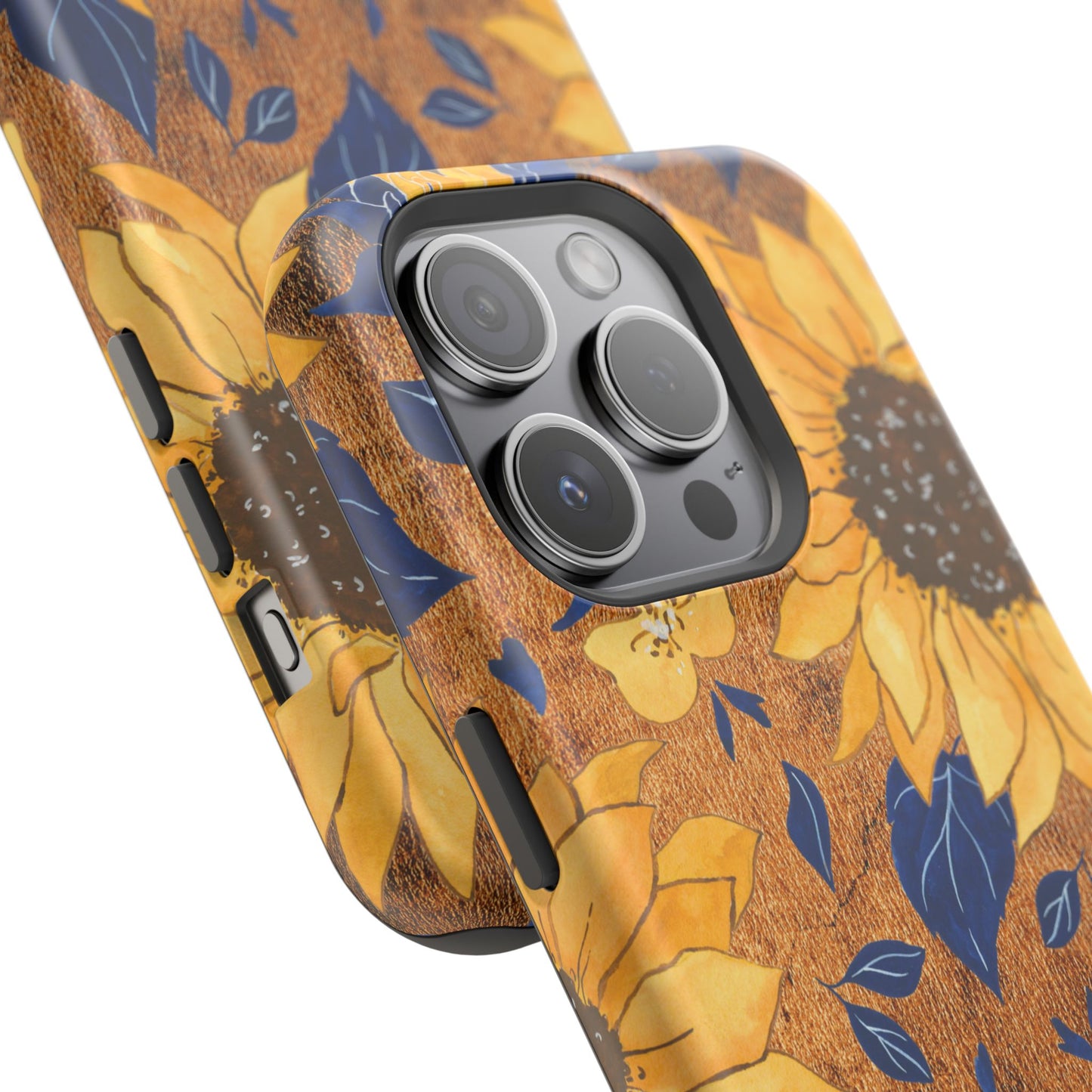 Custom name personalized sunflower western tough phone case for iPhone 15 Pro, featuring bold yellow sunflowers, navy blue leaves, rustic brown faux leather texture background, and a riveted metal name plate — perfect boho cowgirl gift, by Crossroads Dandelion