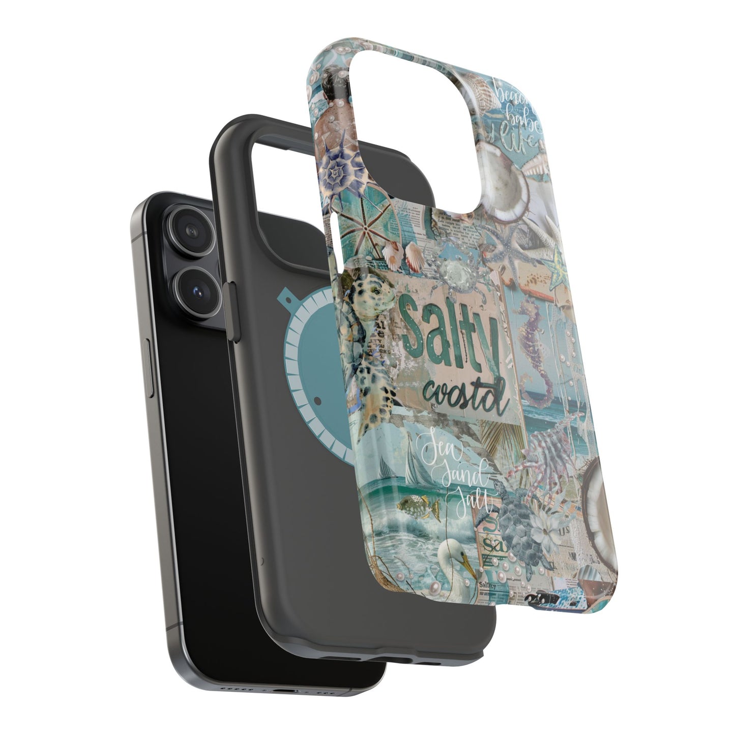 Salty Coastal iPhone 15 Pro glossy magnetic phone case layered mockup featuring vintage beach collage design, by Crossroads Dandelion
