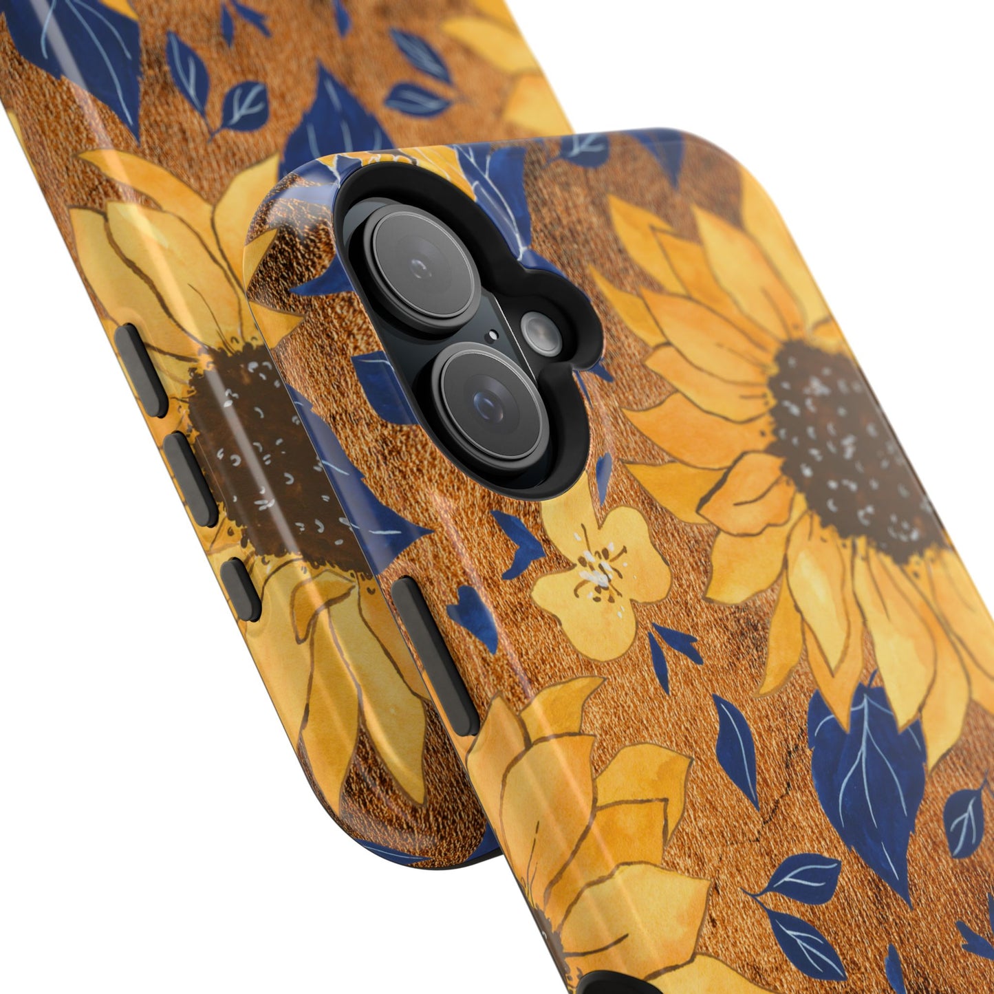 Custom name personalized sunflower western tough phone case for iPhone 16 Plus, featuring bold yellow sunflowers, navy blue leaves, rustic brown faux leather texture background, and a riveted metal name plate — perfect boho cowgirl gift, by Crossroads Dandelion