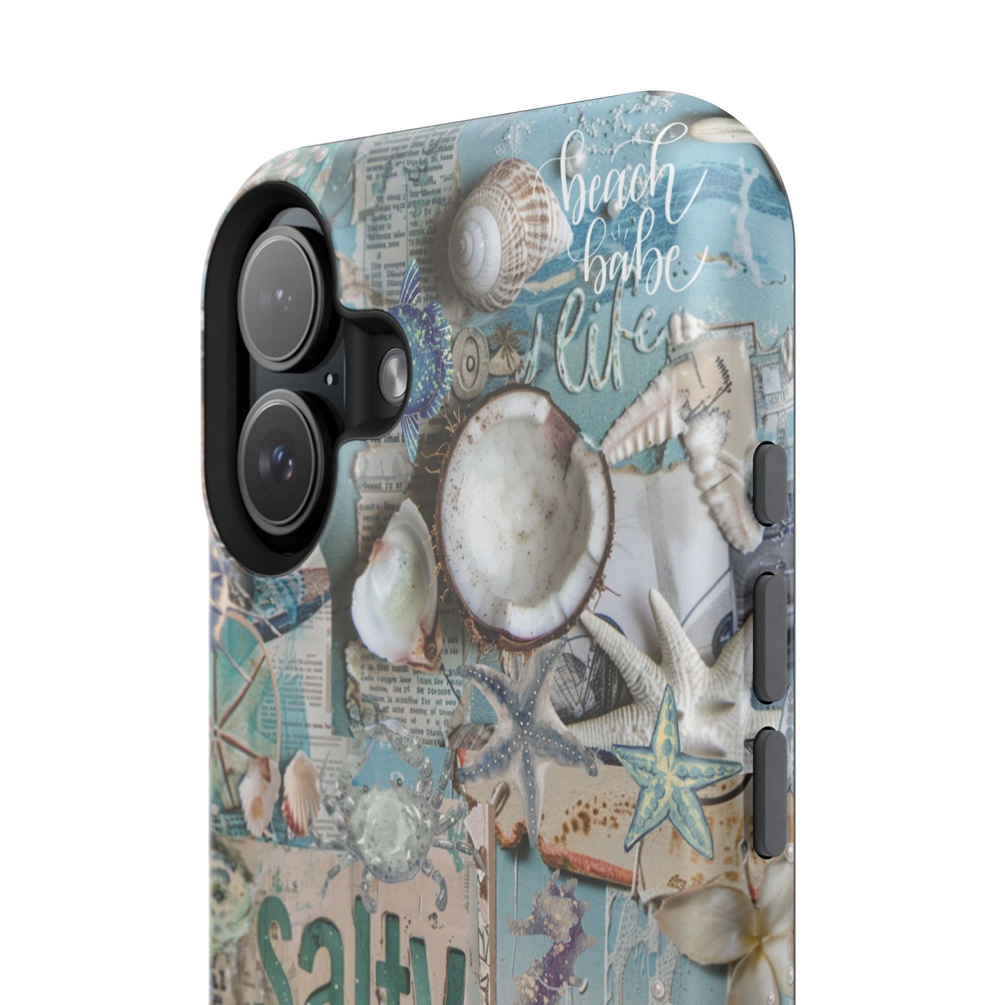 Salty Coastal iPhone 16 Plus matte phone case product mockup with seashell and beach collage aesthetic, by Crossroads Dandelion
