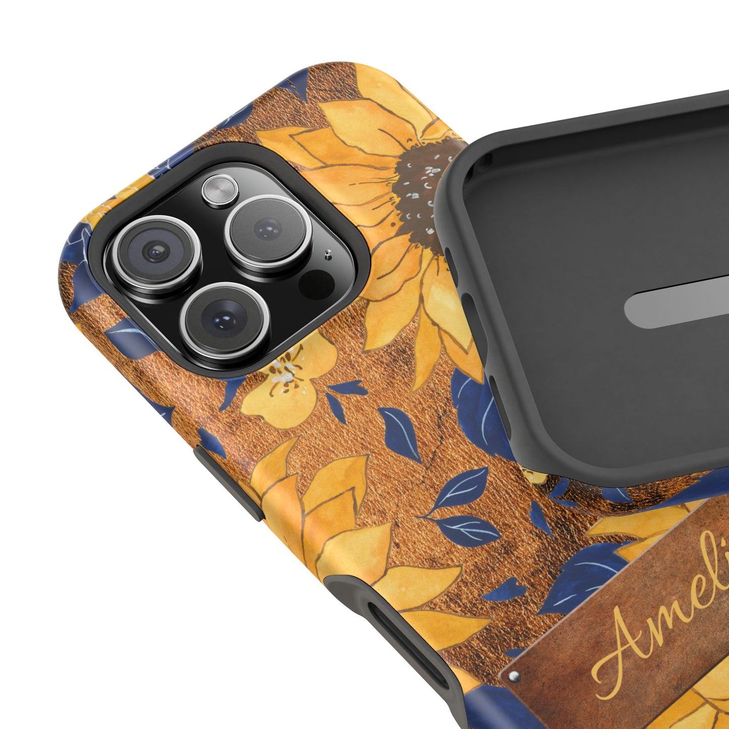 Custom name personalized sunflower western tough phone case for iPhone 16 Pro, featuring bold yellow sunflowers, navy blue leaves, rustic brown faux leather texture background, and a riveted metal name plate — perfect boho cowgirl gift, by Crossroads Dandelion