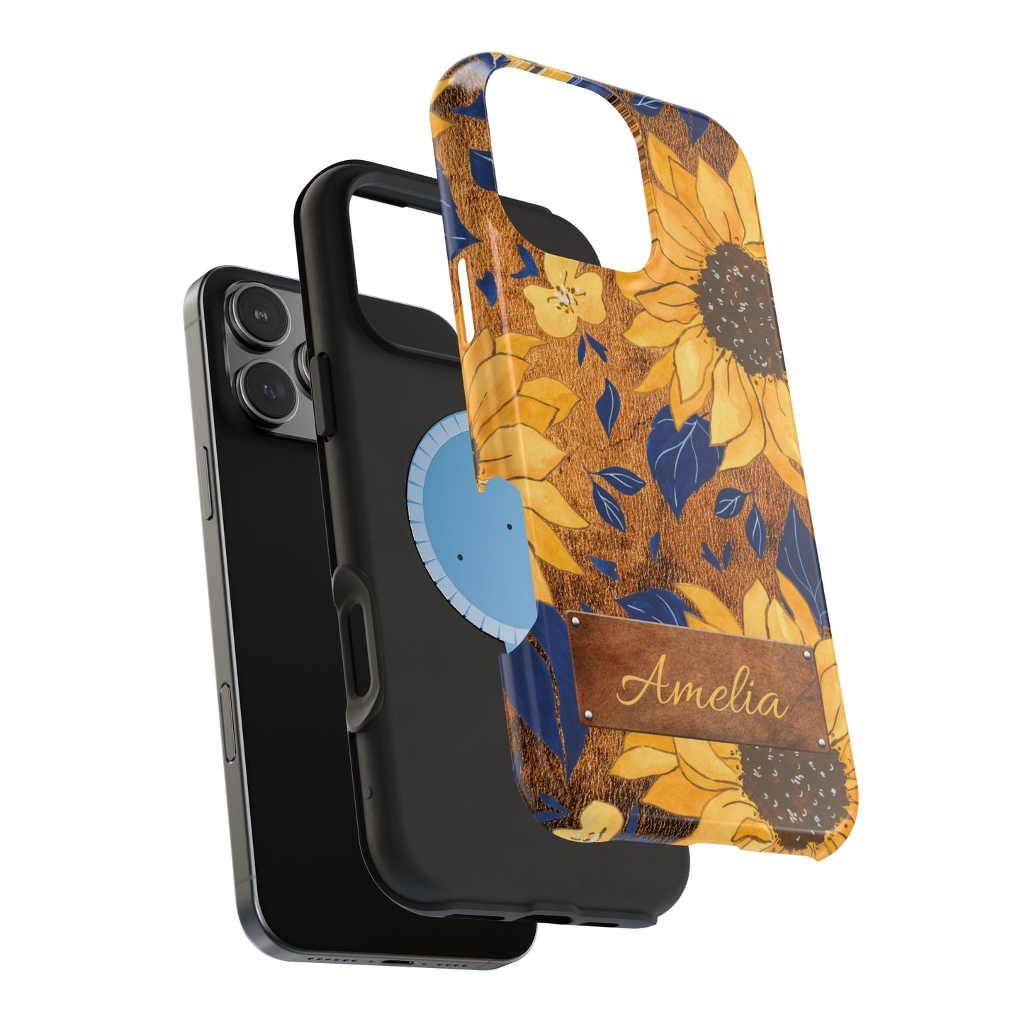 Custom name personalized sunflower western tough phone case for iPhone 16 Pro Max, featuring bold yellow sunflowers, navy blue leaves, rustic brown faux leather texture background, and a riveted metal name plate — perfect boho cowgirl gift, by Crossroads Dandelion