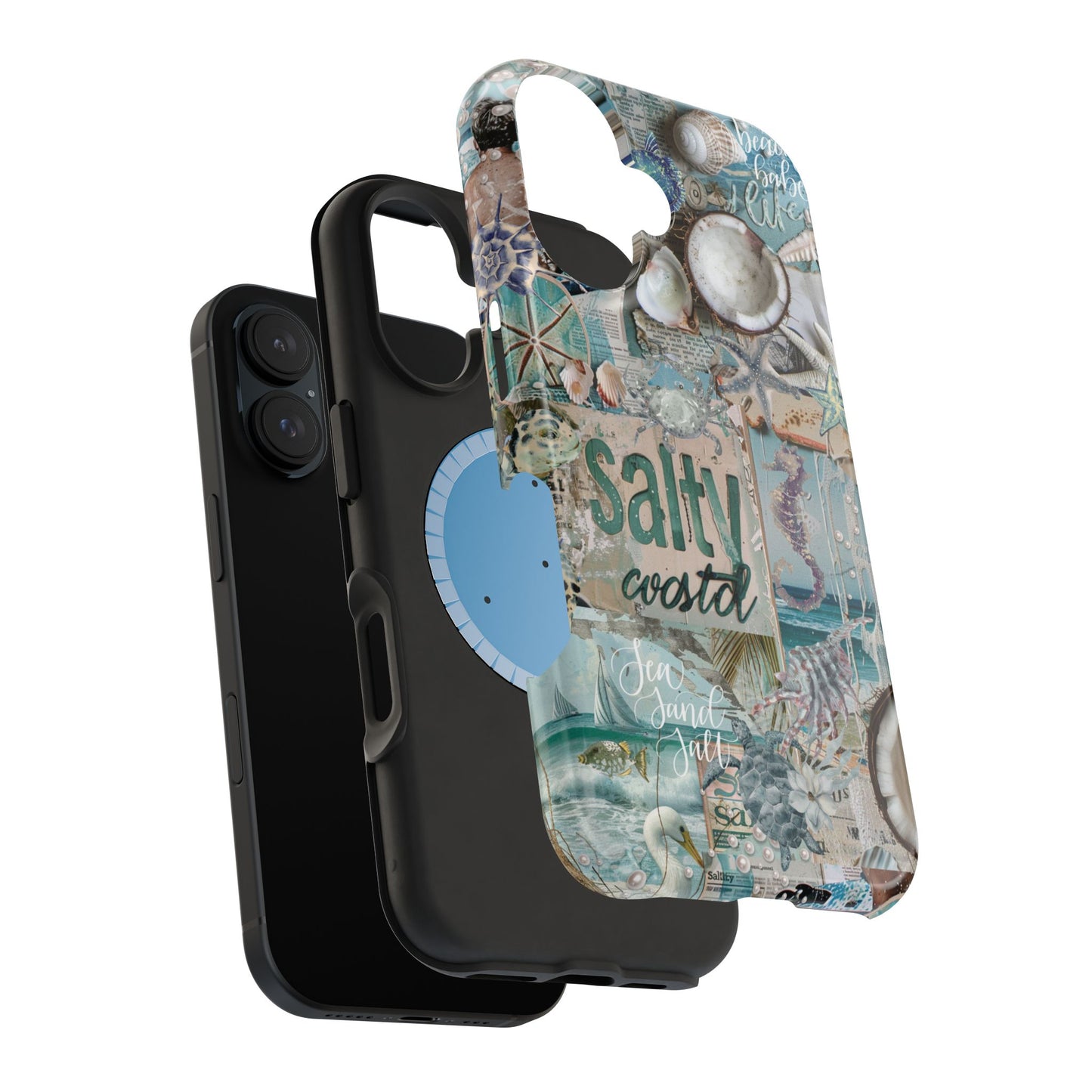 Salty Coastal iPhone 16 glossy layered phone case mockup featuring vintage beach collage and ocean-inspired artwork, by Crossroads Dandelion
