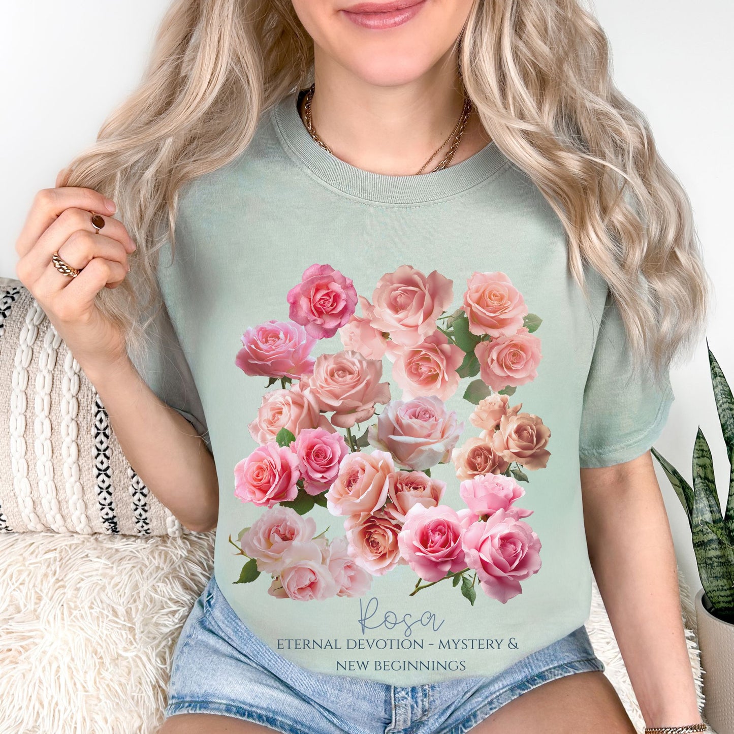 Woman wearing a Bay Comfort Colors Rose botanical June birthday gift shirt – Crossroads Dandelion