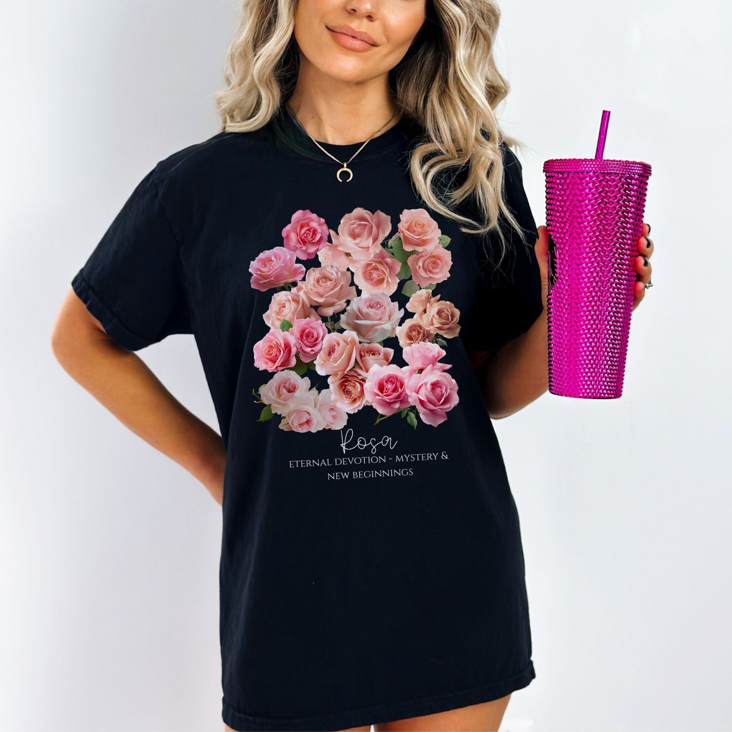 Woman wearing a Black Comfort Colors garment-dyed vintage style Rosa June birth flower tee – Crossroads Dandelion

