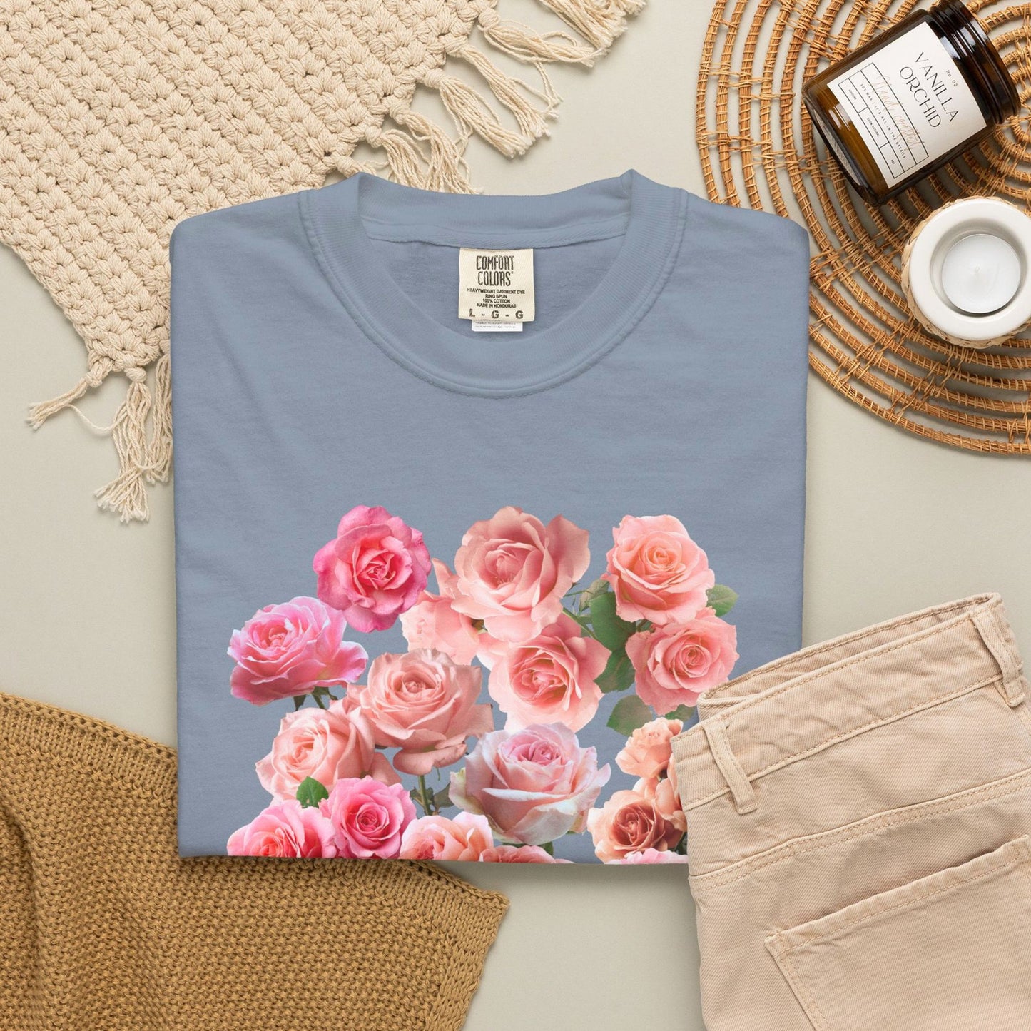 Woman wearing a Blue Jean garment-dyed Rosa June birthday rose shirt – Crossroads Dandelion

