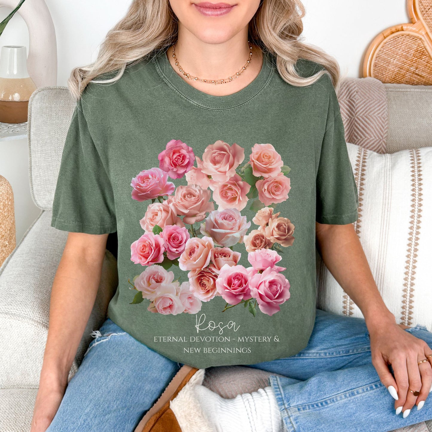 Women wearing a Moss green cottagecore Rose June birthday rose shirt – Crossroads Dandelion

