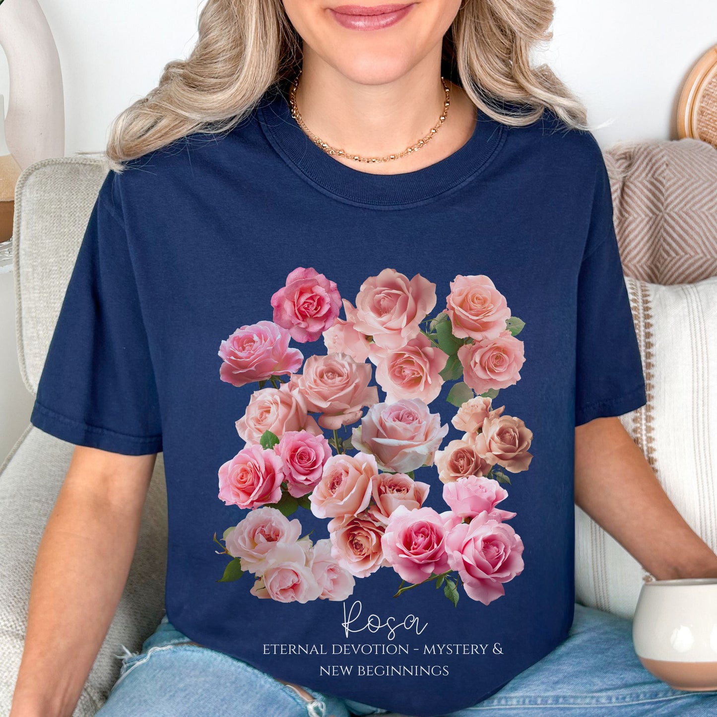 Woman wearing a Navy Comfort Colors Rosa shirt. Vintage style floral June birthday gift tee – Crossroads Dandelion