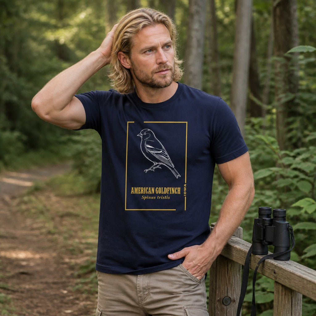 Man wearing navy Bella Canvas 3001 t-shirt featuring a vintage line art illustration of an American Goldfinch with golden botanical accents and elegant type, standing on a forest path with binoculars, ideal for bird watchers and nature lovers, by Crossroads Dandelion