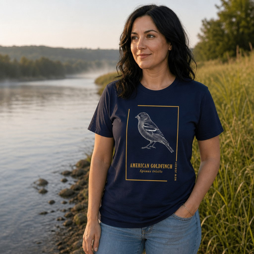 Woman wearing a navy t-shirt featuring a line art American Goldfinch bird illustration with scientific name, standing by a river at sunset, nature inspired apparel for women, bird watchers, by Crossroads Dandelion