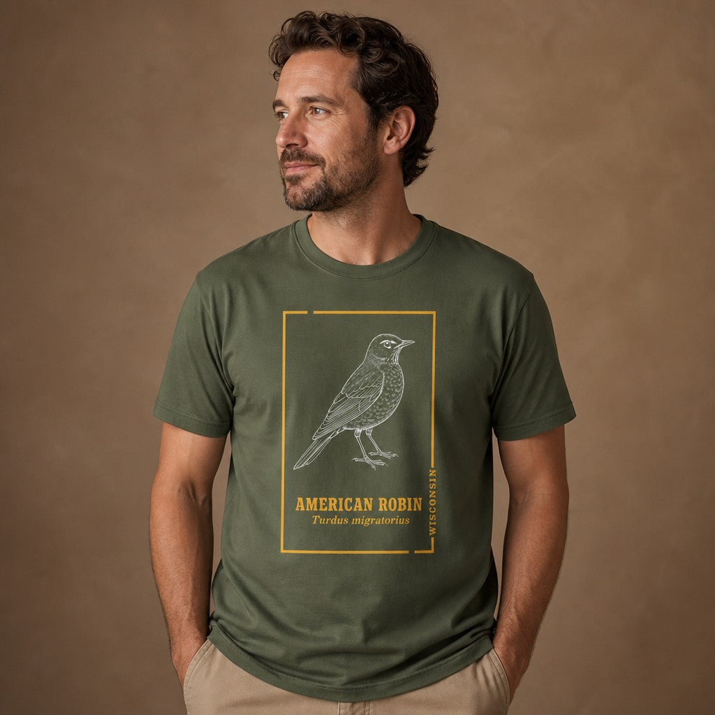 Man wearing a military green Bella Canvas 3001 t-shirt featuring a vintage line art illustration of an American Robin framed with botanical accents, classic field guide sketch style, ideal for birdwatchers, cottagecore enthusiasts, and nature lovers, by Crossroads Dandelion