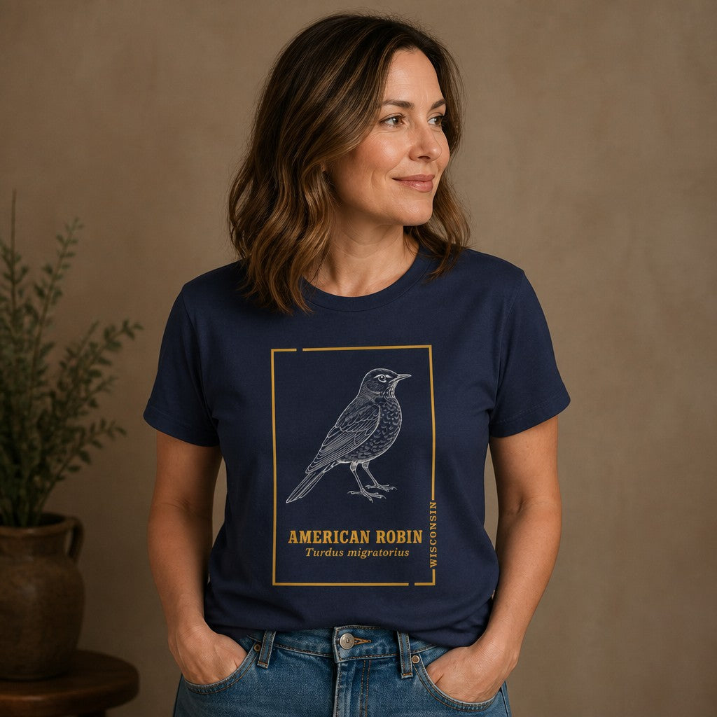 Woman wearing a navy Bella Canvas 3001 t-shirt with detailed line art American Robin illustration framed with vintage botanical accents, birdwatcher and cottagecore style for women, indoor studio setting, by Crossroads Dandelion