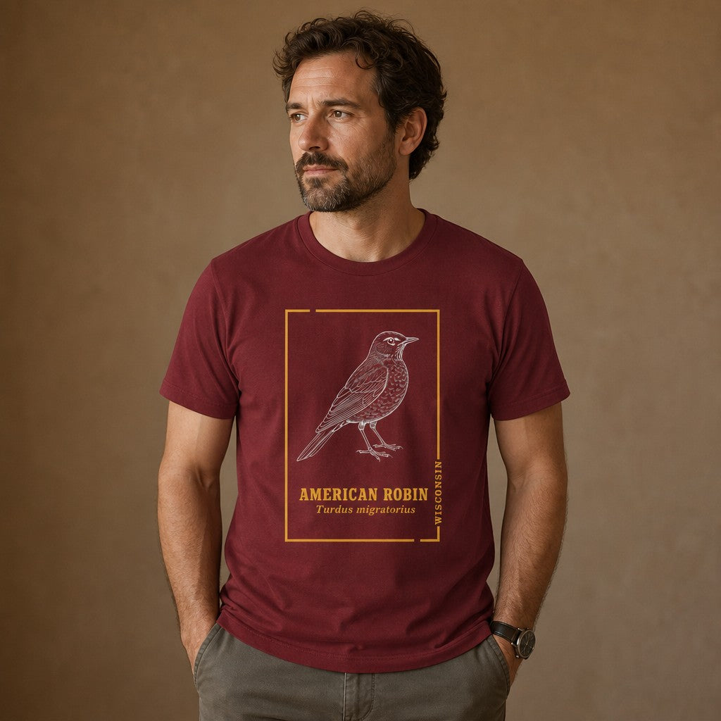 Man wearing a cardinal red Bella Canvas 3001 t-shirt featuring a detailed line art illustration of an American Robin with vintage botanical field guide accents, birdwatcher and cottagecore style, suitable for nature lovers and field sketch enthusiasts, by Crossroads Dandelion