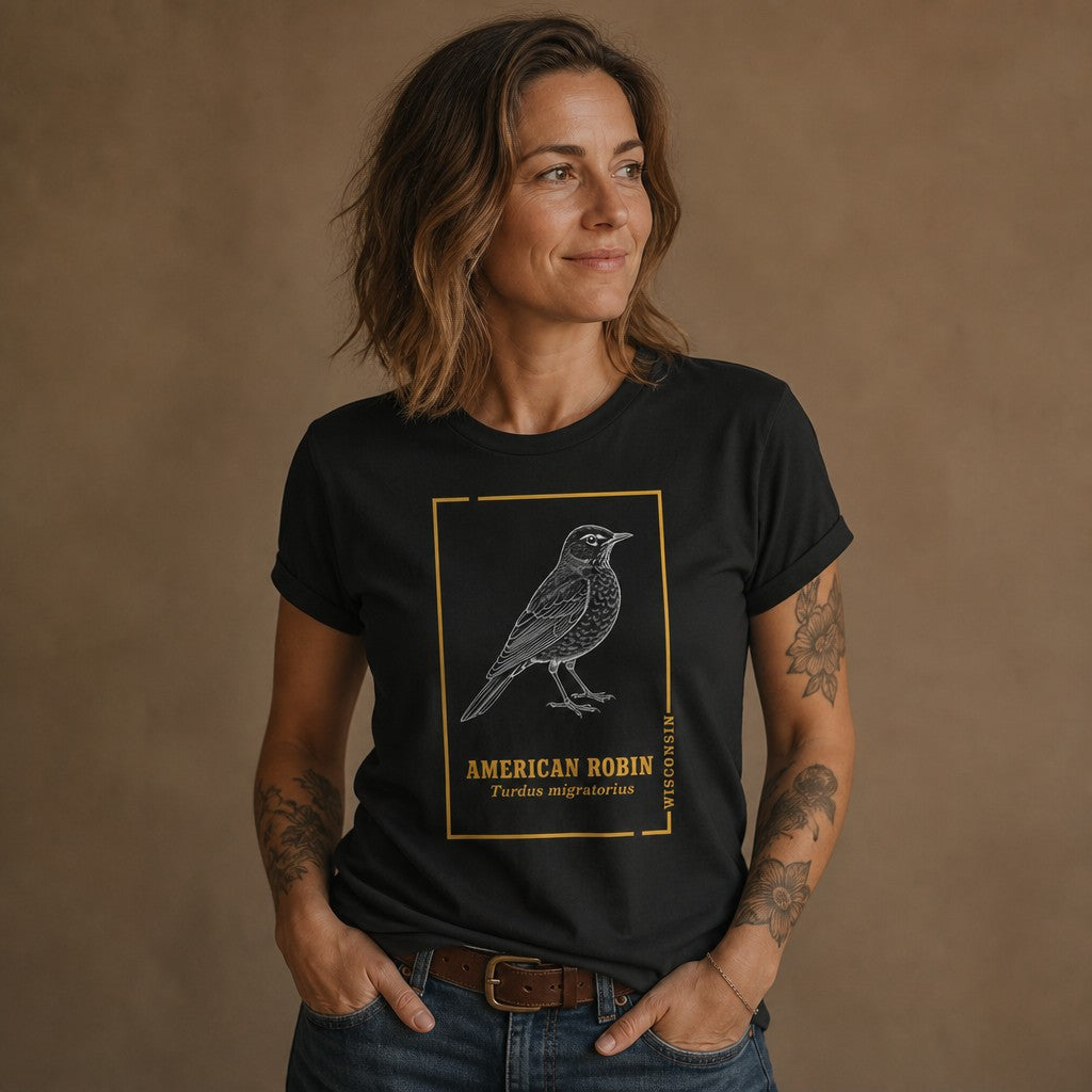 Tattooed woman wearing a black Bella Canvas 3001 t-shirt featuring a vintage line art illustration of an American Robin with botanical accents, classic field guide style, ideal for birdwatchers and cottagecore enthusiasts, by Crossroads Dandelion