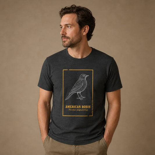Man wearing a dark grey heather Bella Canvas 3001 t-shirt featuring a detailed line art American Robin with vintage field guide accents, perfect for birdwatchers, cottagecore and nature lovers, by Crossroads Dandelion