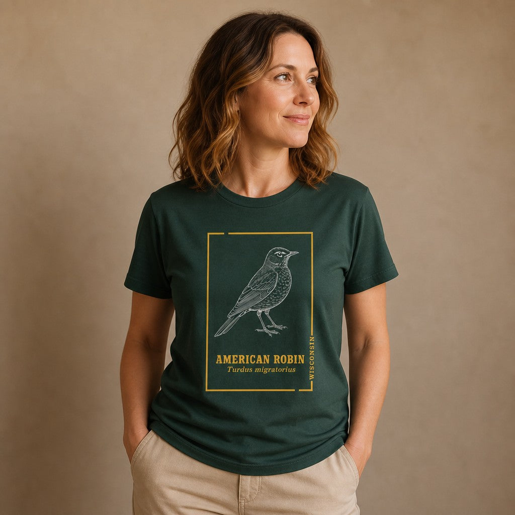Woman wearing a forest green Bella Canvas 3001 t-shirt with an intricately detailed line art American Robin illustration framed with vintage botanical accents, classic field guide inspired, perfect for birdwatchers and cottagecore enthusiasts, by Crossroads Dandelion