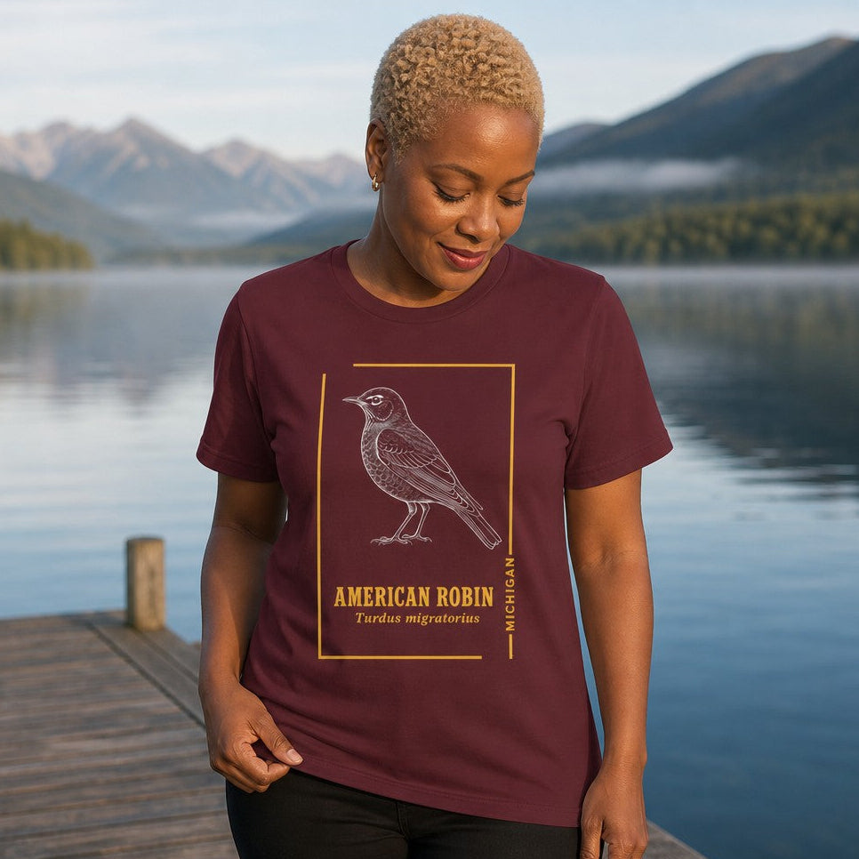 Woman wearing maroon t-shirt featuring a line art American robin bird design with scientific name, standing by a lake with mountains in the background, nature lover, outdoor enthusiast style, by Crossroads Dandelion