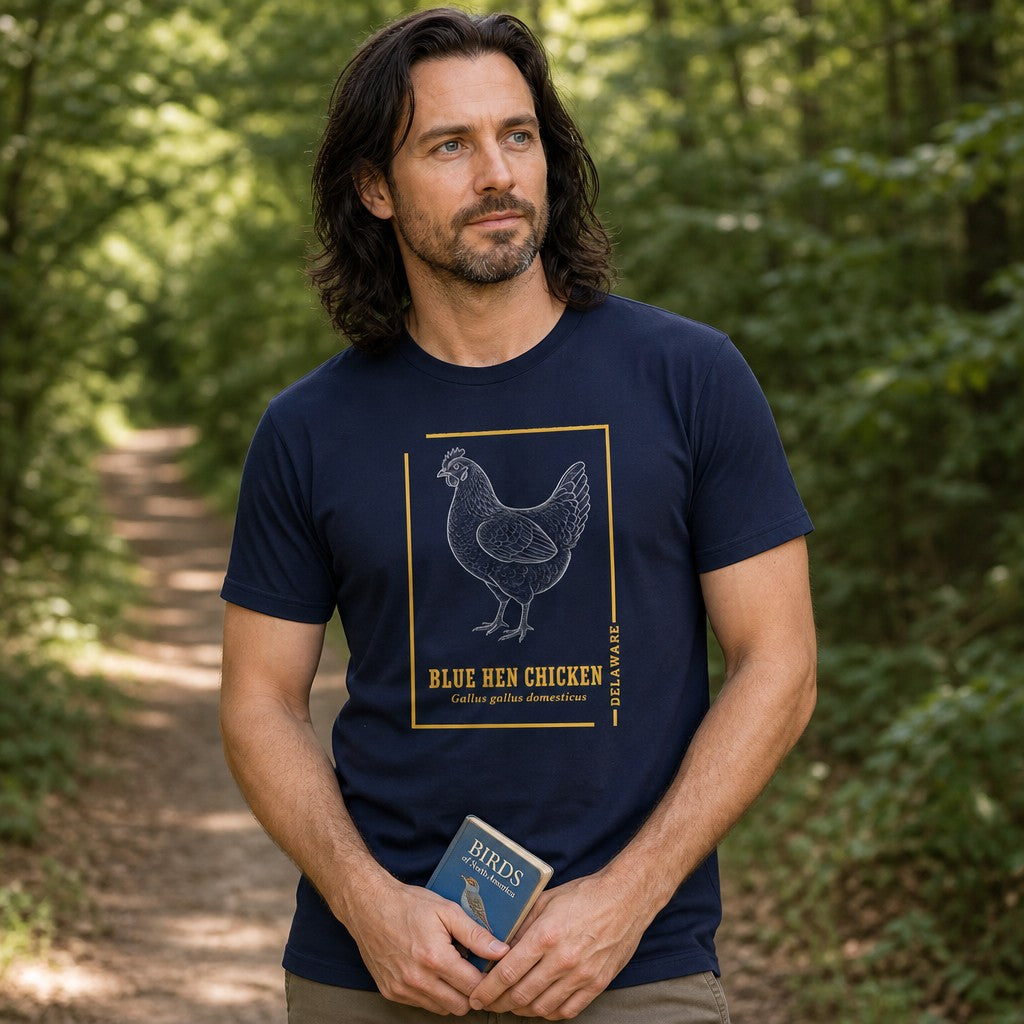 Man wearing navy Bella Canvas 3001 t-shirt featuring a vintage line art illustration of the Blue Hen Chicken in a gold-bordered cottagecore design, natural history print style, standing on a forest trail, ideal for birdwatchers, wildlife lovers, and heritage enthusiasts, by Crossroads Dandelion