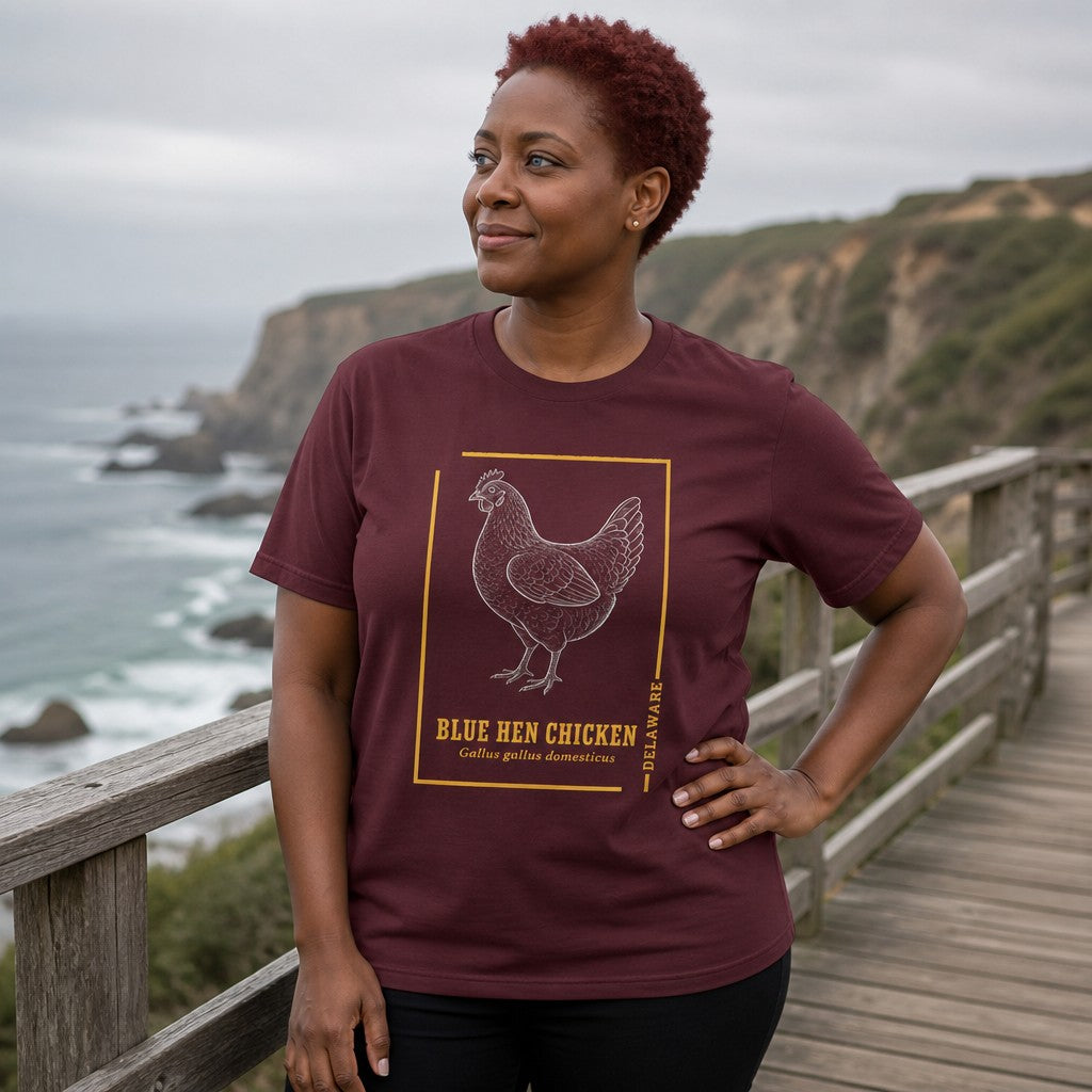Woman wearing a maroon t-shirt featuring a line art blue hen chicken design, walking along a coastal boardwalk with ocean cliffs in the background, ideal for animal lovers and nature enthusiasts, by Crossroads Dandelion