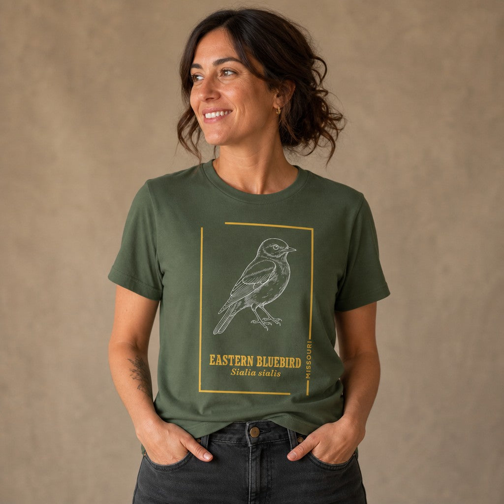 Woman wearing a military green Bella Canvas 3001 t-shirt featuring a vintage line art illustration of an Eastern Bluebird with golden frame accents and scientific name, perfect for birdwatchers and nature lovers, classic botanical field guide style, by Crossroads Dandelion