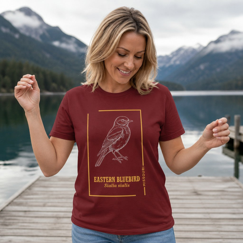 Woman wearing a cardinal red t-shirt featuring a line art eastern bluebird and scientific name design, standing on a lakeside dock with mountain background, nature inspired apparel for women and bird enthusiasts, by Crossroads Dandelion