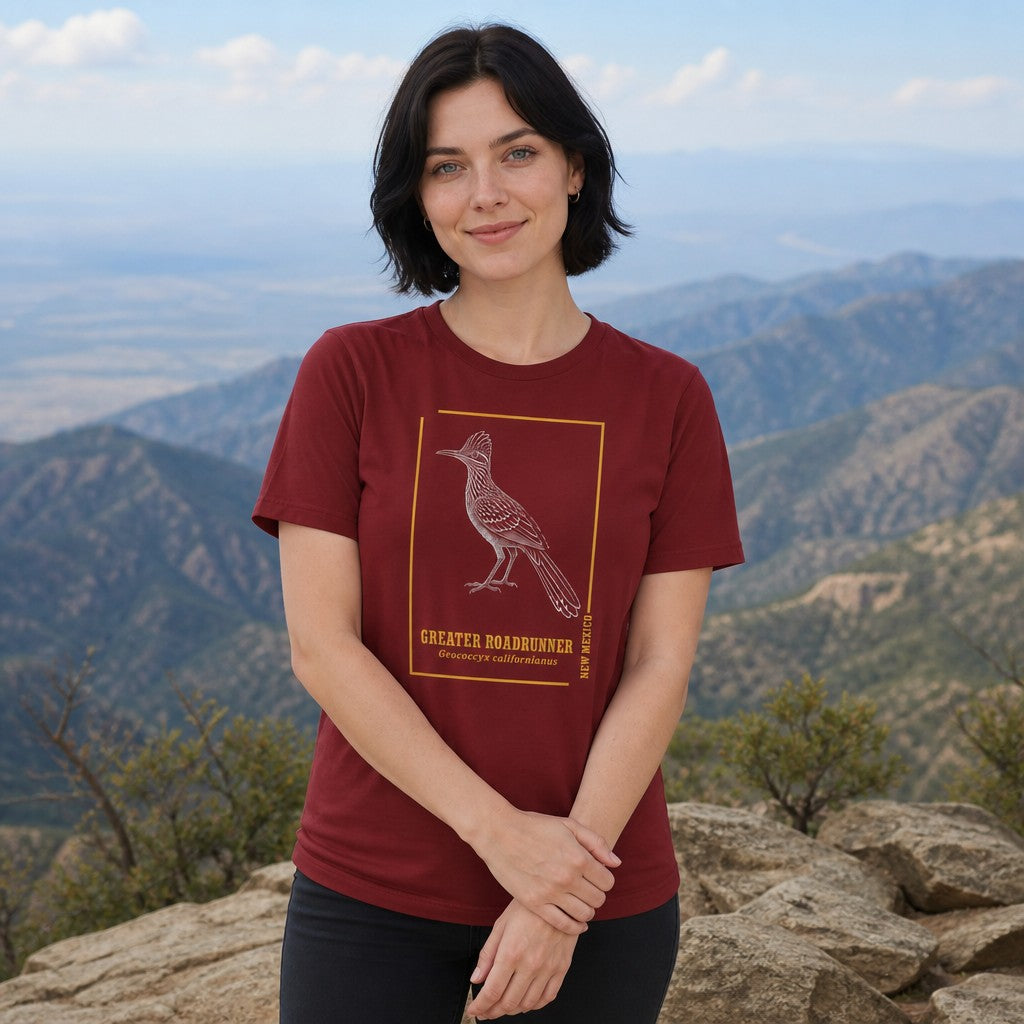 Woman in a cardinal red t-shirt featuring a line art greater roadrunner design, standing on a mountain overlook, minimalist desert bird apparel for women, nature lovers, by Crossroads Dandelion