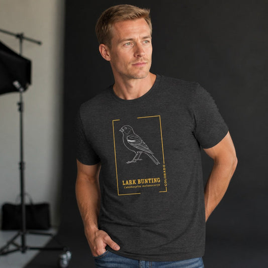 Man wearing a dark grey heather Bella Canvas 3001 t-shirt featuring a line art lark bunting vintage wildlife illustration with golden botanical elements, perfect for bird lovers and nature enthusiasts, in a modern indoor studio setting, by Crossroads Dandelion