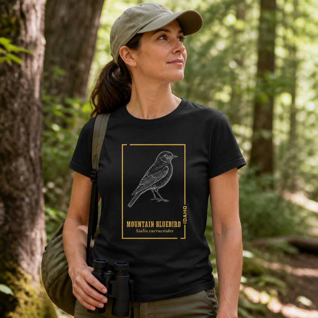 Woman wearing a black Bella Canvas 3001 t-shirt with a vintage-inspired line art illustration of a Mountain Bluebird and golden frame accents, perfect for birdwatchers and nature lovers, hiking in a sunlit forest, by Crossroads Dandelion