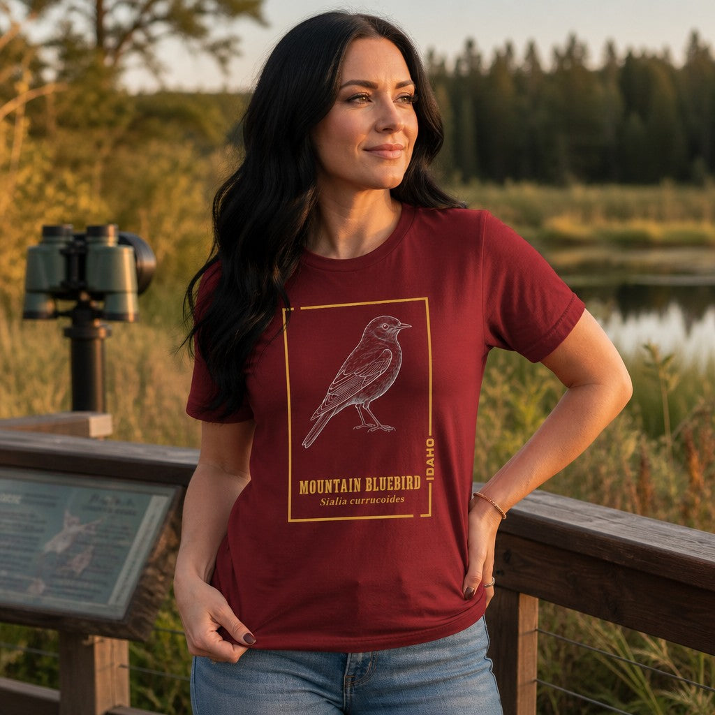 Woman wearing a cardinal Bella Canvas 3001 t-shirt featuring a vintage-inspired line art illustration of a Mountain Bluebird with its scientific name in gold accents, standing on a wooden deck by a scenic nature reserve at sunset, perfect for birdwatchers and nature lovers, by Crossroads Dandelion