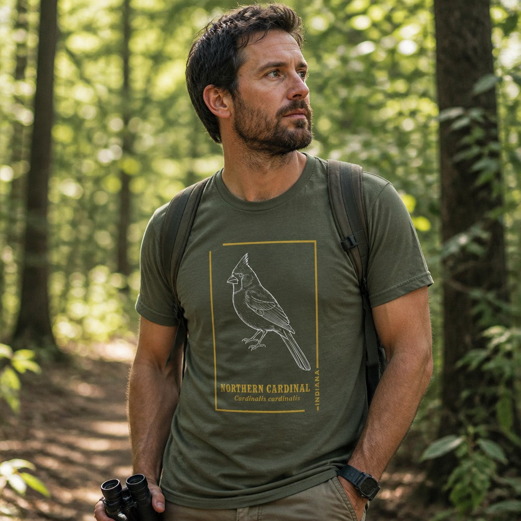 Man in military green Bella Canvas 3001 t-shirt featuring an elegant vintage-inspired line art illustration of a Northern Cardinal with goldenrod framing and field guide typography, hiking in a lush forest, perfect for wildlife art and birdwatching enthusiasts, by Crossroads Dandelion