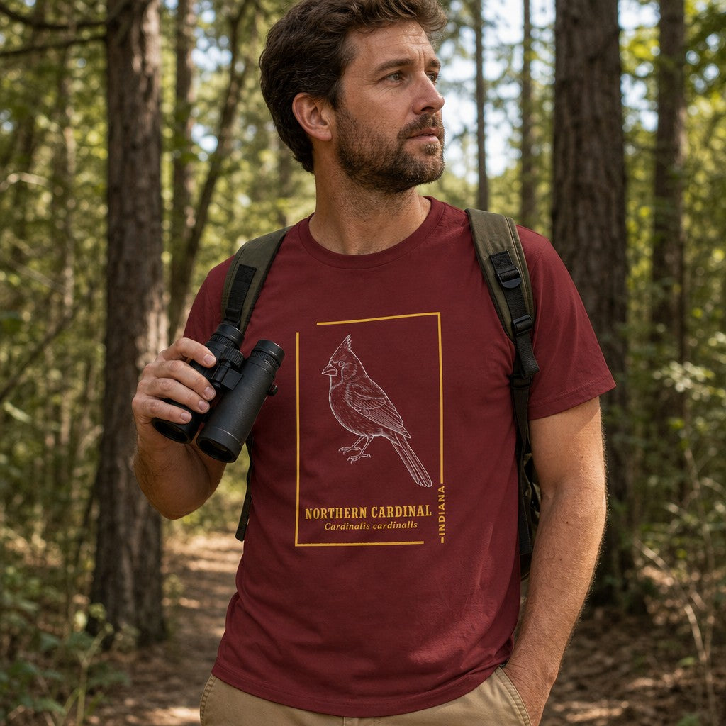 Man in cardinal red Bella Canvas 3001 t-shirt with elegant vintage-inspired line art illustration of a Northern Cardinal bird, goldenrod frame and classic field guide typography, hiking in a sun-dappled pine forest, perfect for birdwatchers and wildlife art enthusiasts, by Crossroads Dandelion