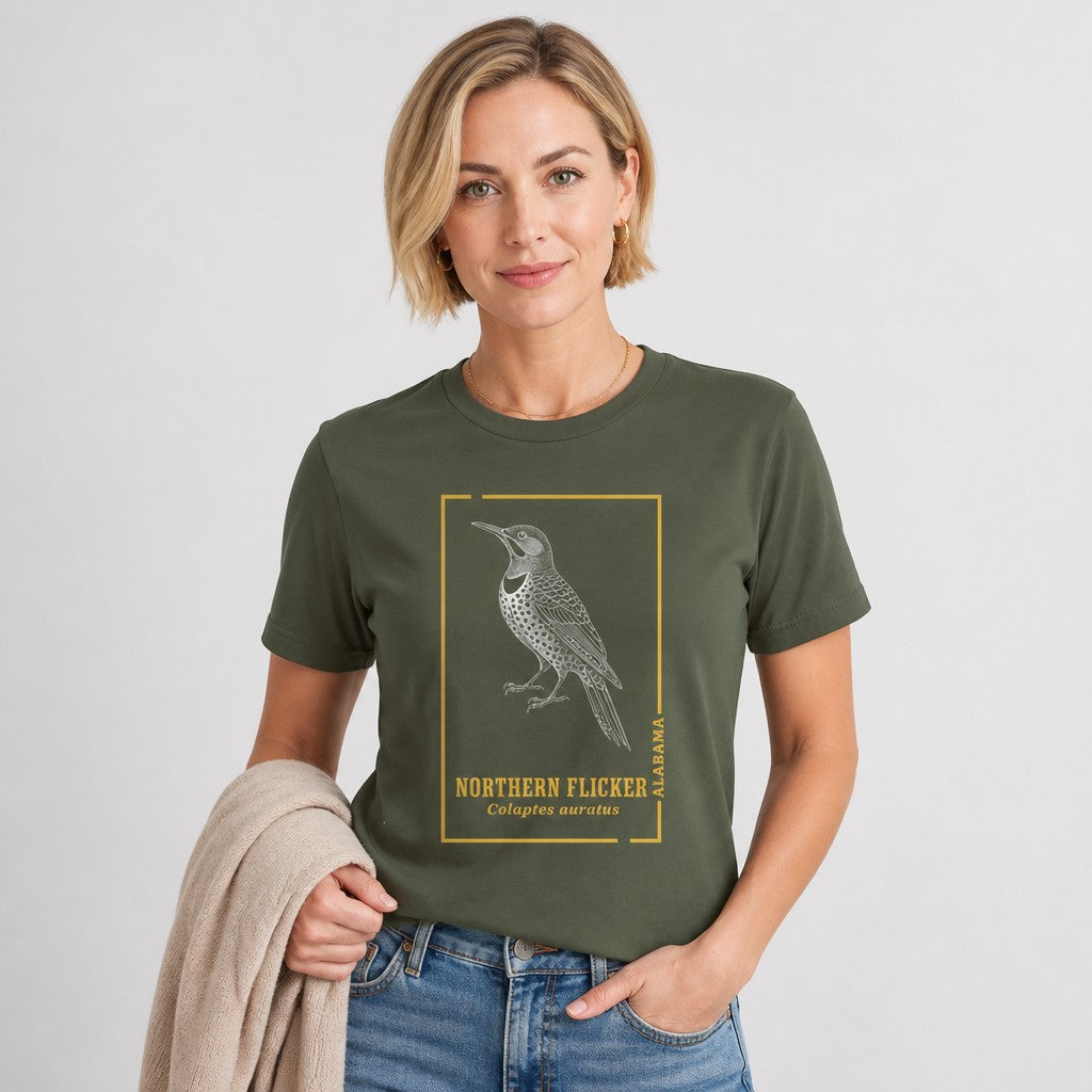 Woman in military green Bella Canvas 3001 t-shirt featuring a vintage-inspired line art illustration of a Northern Flicker woodpecker with botanical details, nature lover and cottagecore style apparel, by Crossroads Dandelion