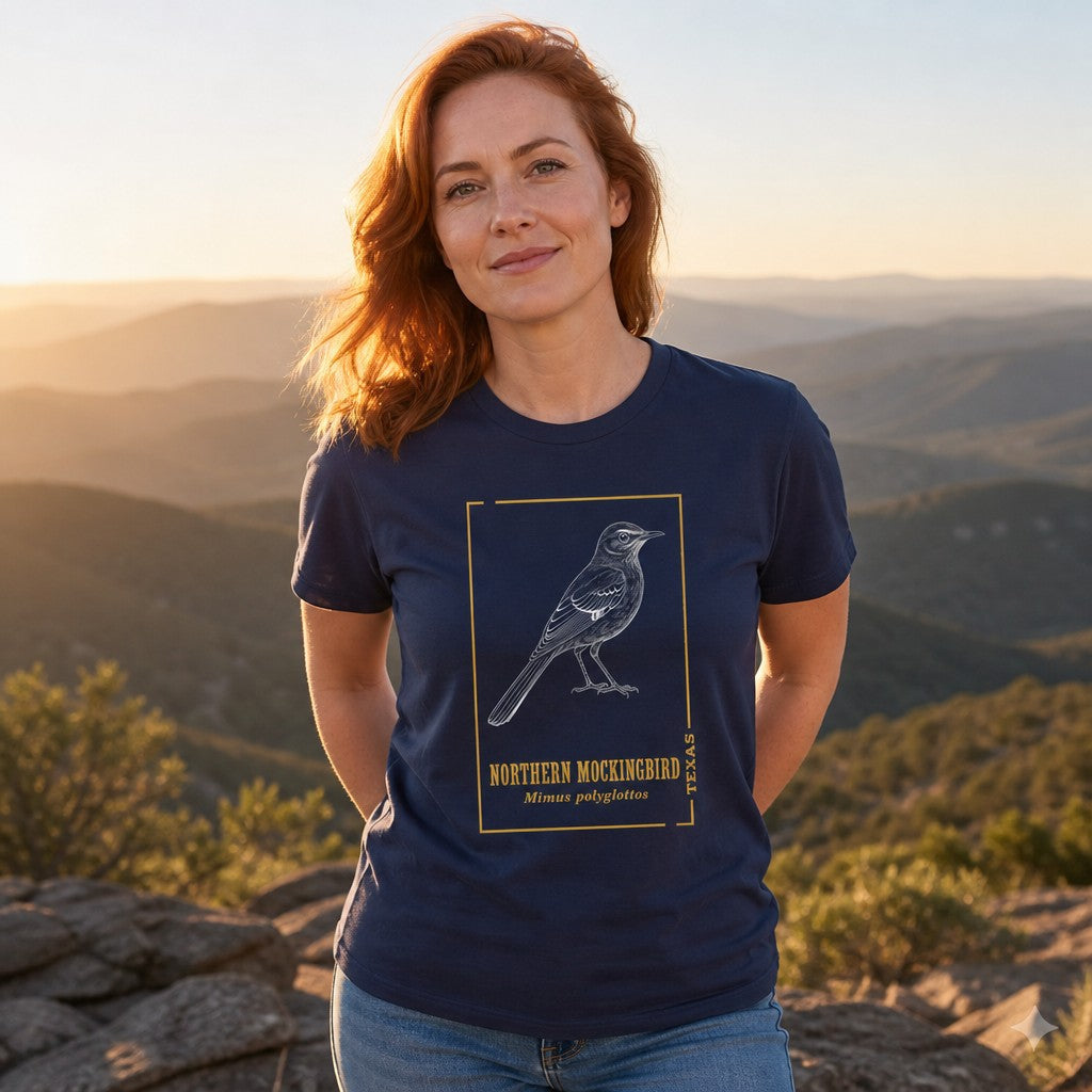 Woman in navy blue t-shirt with line art northern mockingbird and Texas state bird text, minimalist design, standing outdoors at mountain overlook during sunset, casual nature lovers apparel, by Crossroads Dandelion