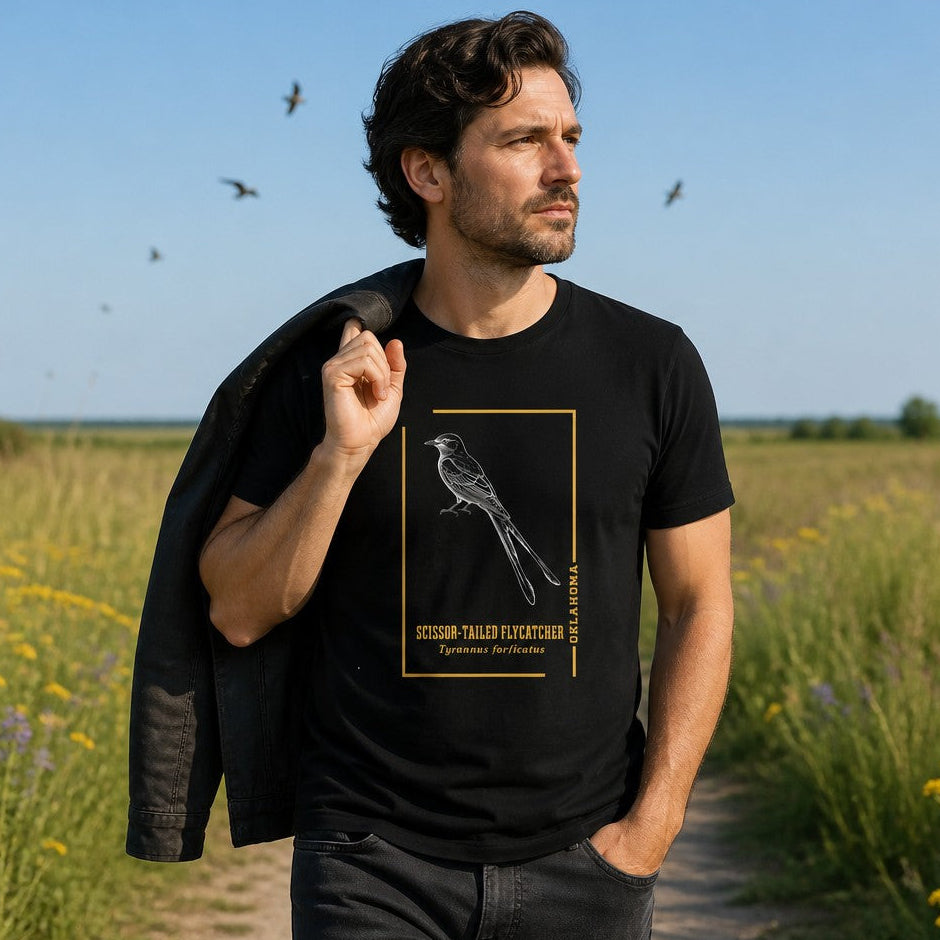 Man wearing black Bella Canvas 3001 t-shirt featuring a vintage line art drawing of a scissor-tailed flycatcher in a golden frame, standing on a prairie path with wildflowers, minimalist botanical bird design for men, birdwatchers, and nature lovers, by Crossroads Dandelion