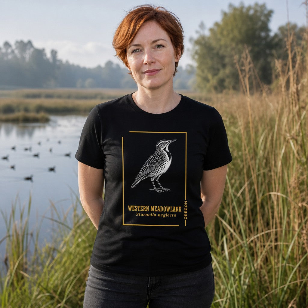 Woman wearing a black Bella Canvas 3001 t-shirt featuring a vintage line art illustration of a Western Meadowlark framed in golden ochre, inspired by classic field guides and botanical journals, in a serene wetland outdoor setting, perfect for Oregon nature lovers and birdwatchers, cottagecore wildlife aesthetic, by Crossroads Dandelion