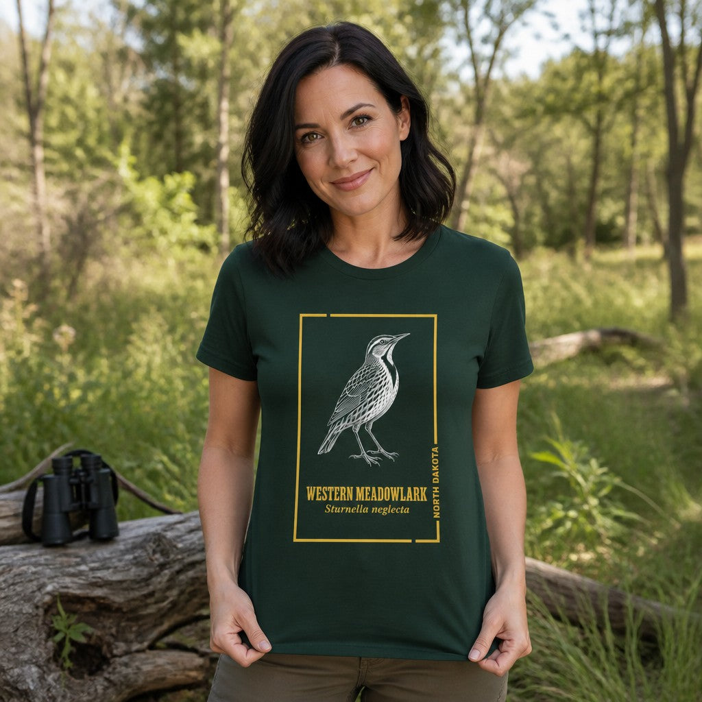 Woman in a forest green Bella Canvas 3001 t-shirt with intricate line art of a Western Meadowlark framed in vintage scientific style, standing outdoors, perfect for birdwatchers and classic illustration lovers, by Crossroads Dandelion