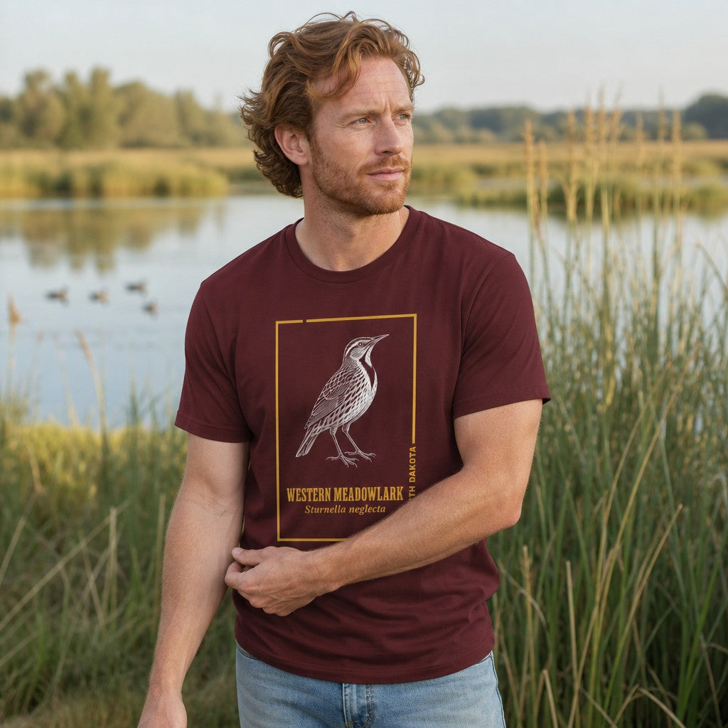 Man wearing a maroon Bella Canvas 3001 t-shirt with intricate line art design of a Western Meadowlark framed in golden accents with vintage scientific labeling, standing outdoors near tall grasses, birdwatching themed shirt for nature and classic illustration lovers, by Crossroads Dandelion