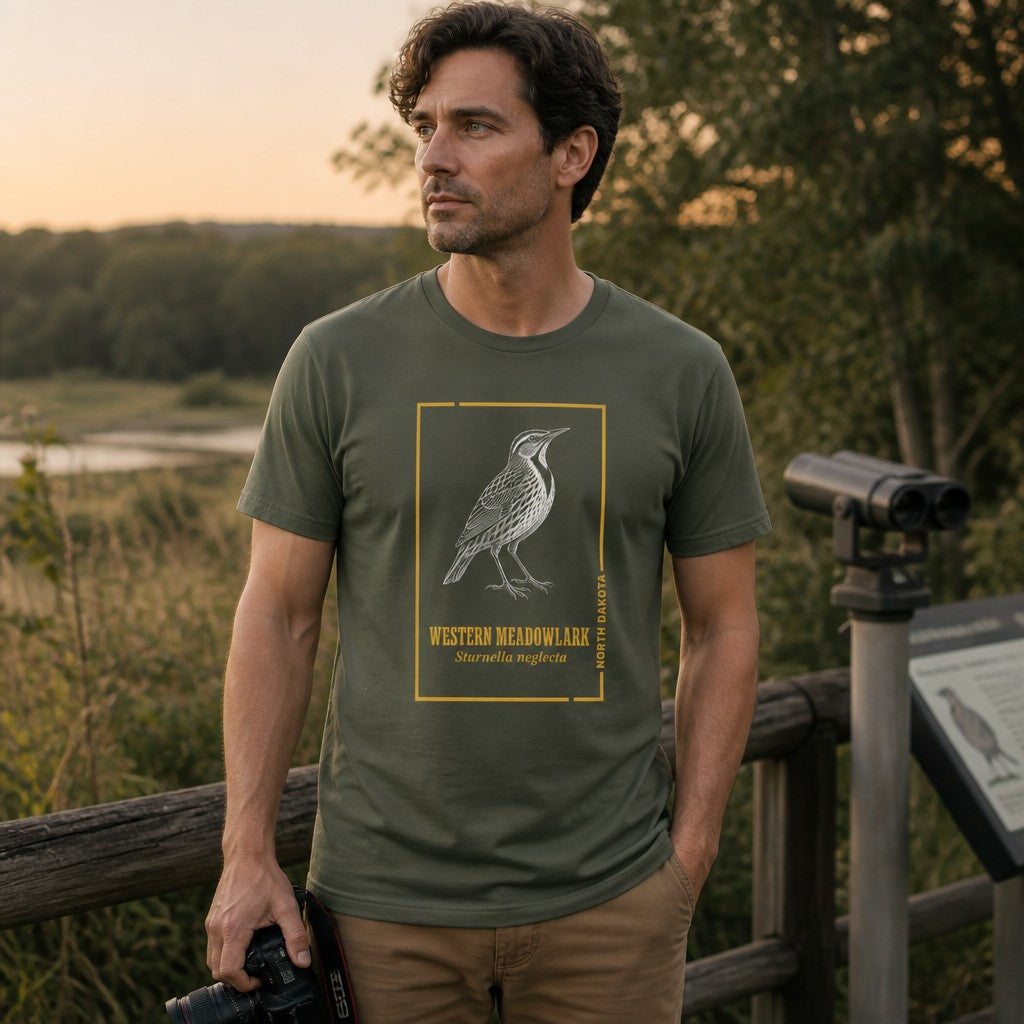 Man wearing a military green Bella Canvas 3001 t-shirt featuring intricate line art of a Western Meadowlark with vintage gold framing and scientific labeling, vintage heritage field guide design for birdwatchers, outdoor scene, men's shirt, by Crossroads Dandelion