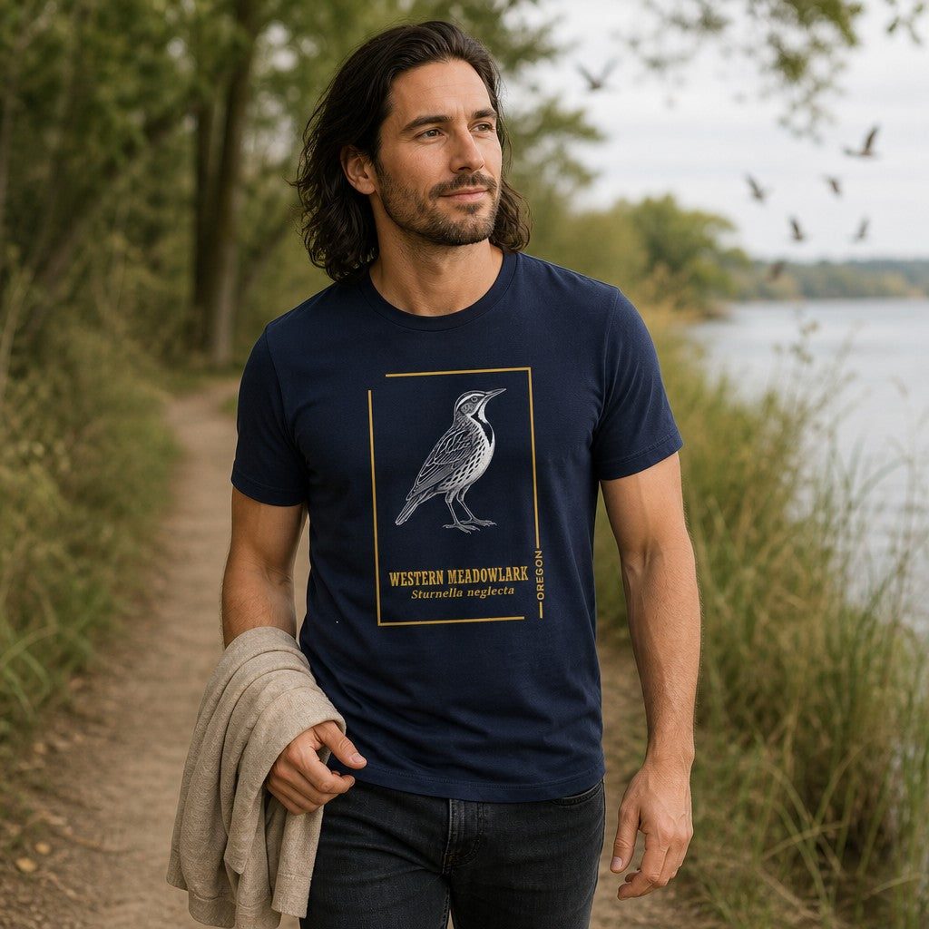 Man wearing a navy Bella Canvas 3001 t-shirt with an intricate line art illustration of a Western Meadowlark framed in golden ochre, styled in vintage botanical field guide fashion, outdoors by a lake trail, perfect for Oregon nature lovers, birdwatchers, and fans of cottagecore wildlife design, by Crossroads Dandelion