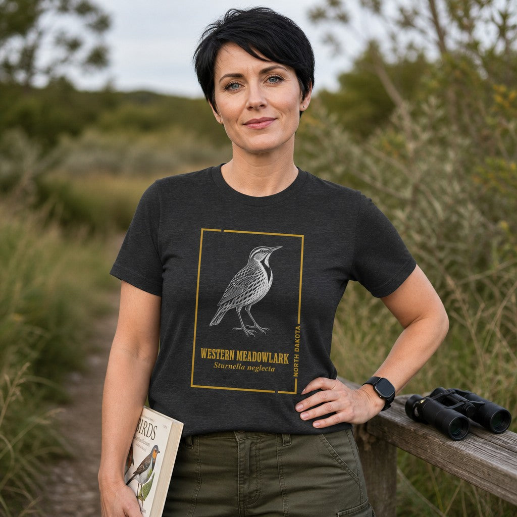 Woman wearing dark grey heather Bella Canvas 3001 t-shirt with vintage-inspired line art illustration of a Western Meadowlark framed in gold, standing on a nature trail while birdwatching, ideal for classic field guide art lovers, by Crossroads Dandelion
