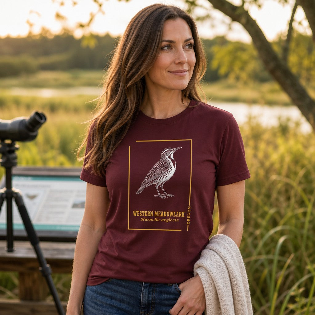 Woman wearing a maroon Bella Canvas 3001 t-shirt with an intricate line illustration of a Western Meadowlark framed in golden ochre, vintage field guide inspired, ideal for birdwatchers, Oregon nature lovers, and cottagecore enthusiasts, by Crossroads Dandelion
