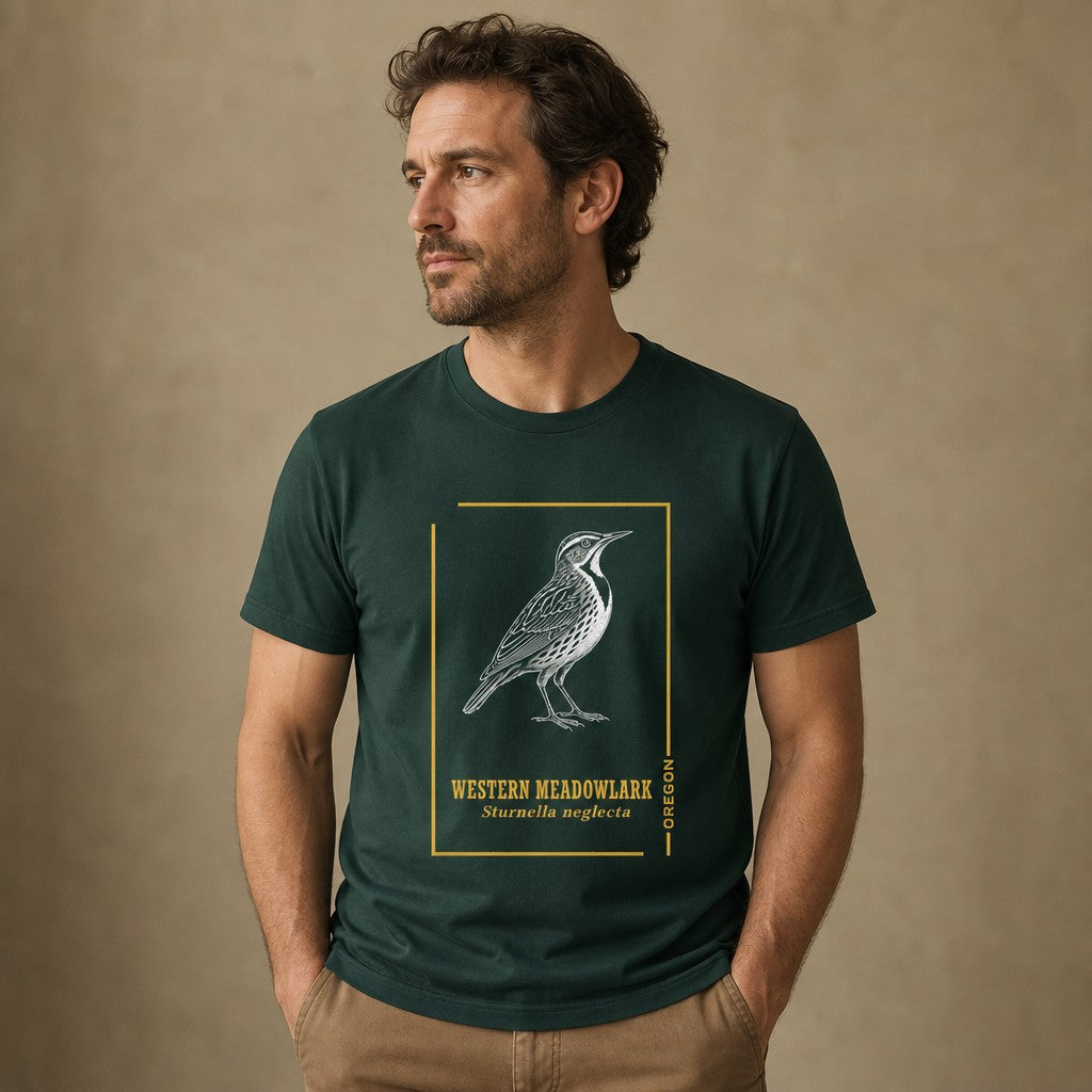 Man wearing forest green Bella Canvas 3001 t-shirt featuring a vintage line art illustration of a Western Meadowlark framed in golden ochre, inspired by botanical journals, ideal for Oregon nature lovers, birdwatchers, and fans of cottagecore wildlife style, by Crossroads Dandelion