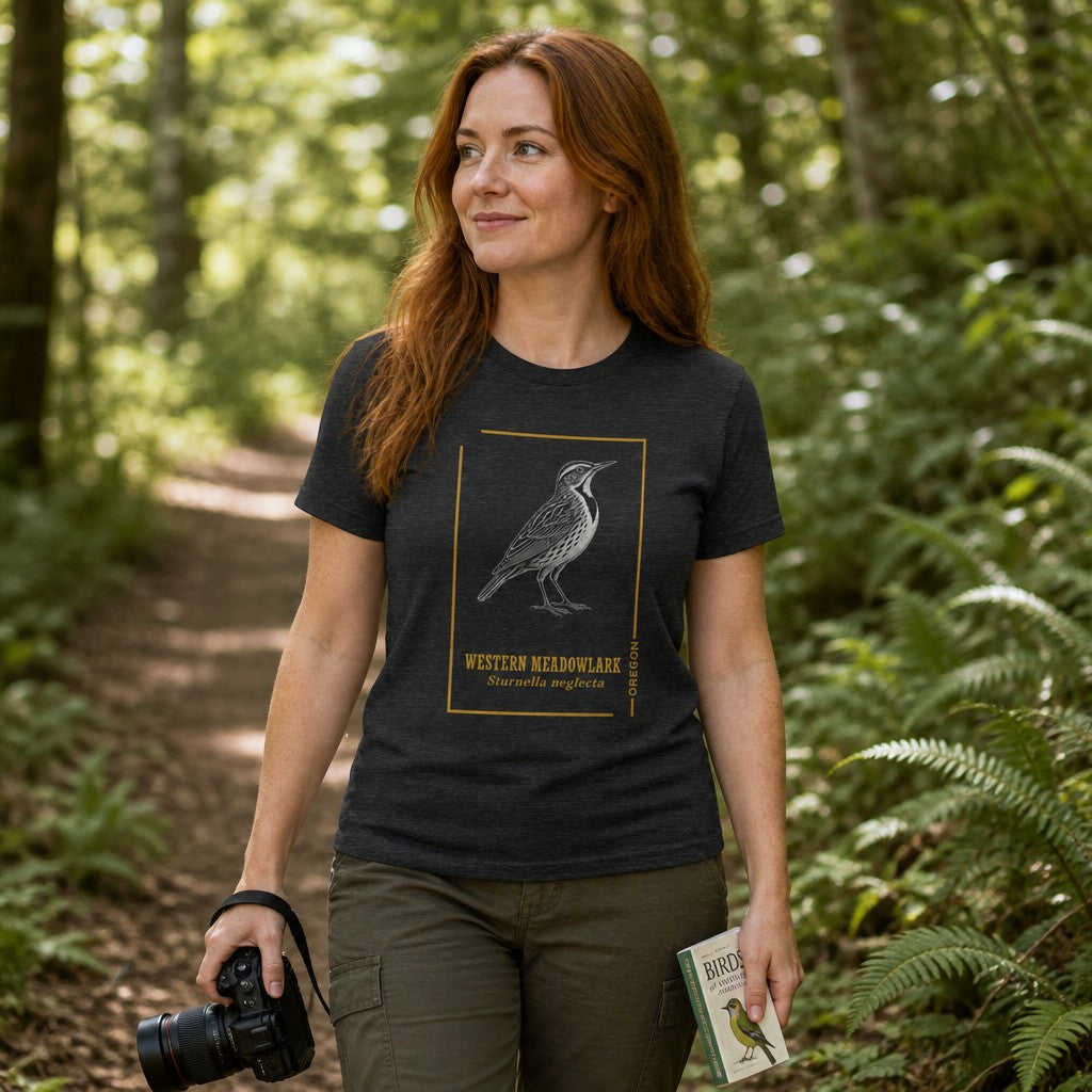 Woman hiking on a forest path wearing a dark grey heather Bella Canvas 3001 t-shirt featuring a vintage field guide-style line art Western Meadowlark in golden ochre, perfect for birdwatchers, nature lovers, and fans of cottagecore wildlife, by Crossroads Dandelion